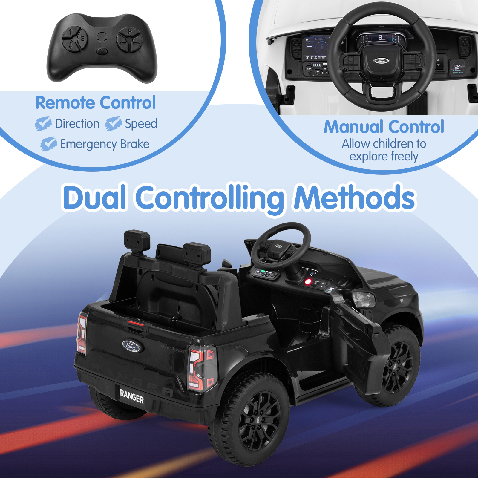 Hivvago 12V Electric Kids Ride on Car Licensed Ford Ranger with Remote Control and Music-Black