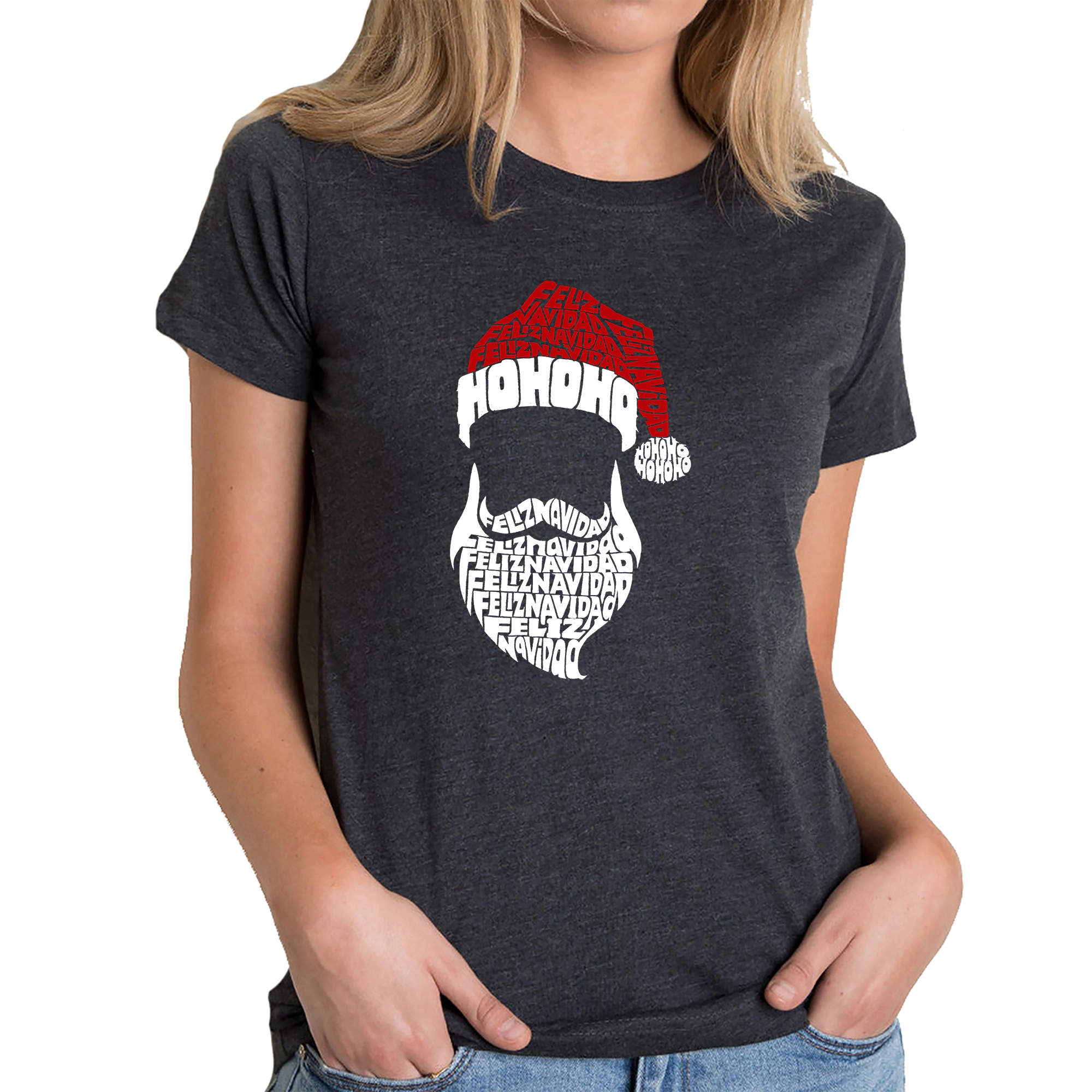 LA Pop Art Women's Cotton/Poly Blend Word TShirt - Feliz Navidad Santa Claus