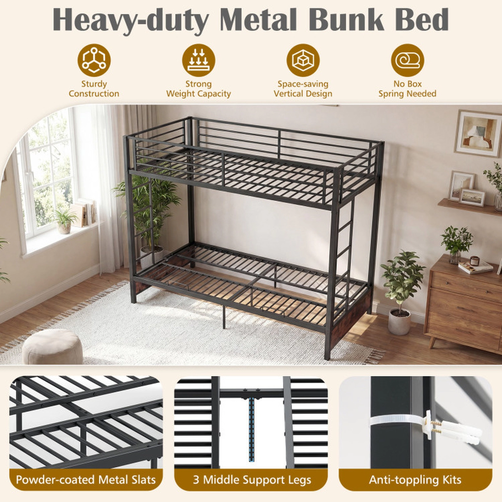 SUGIFT Rustic Brown Headboard and Footboard 485-lb Heavy Duty Twin Over Futon Teens Metal Bunk Bed