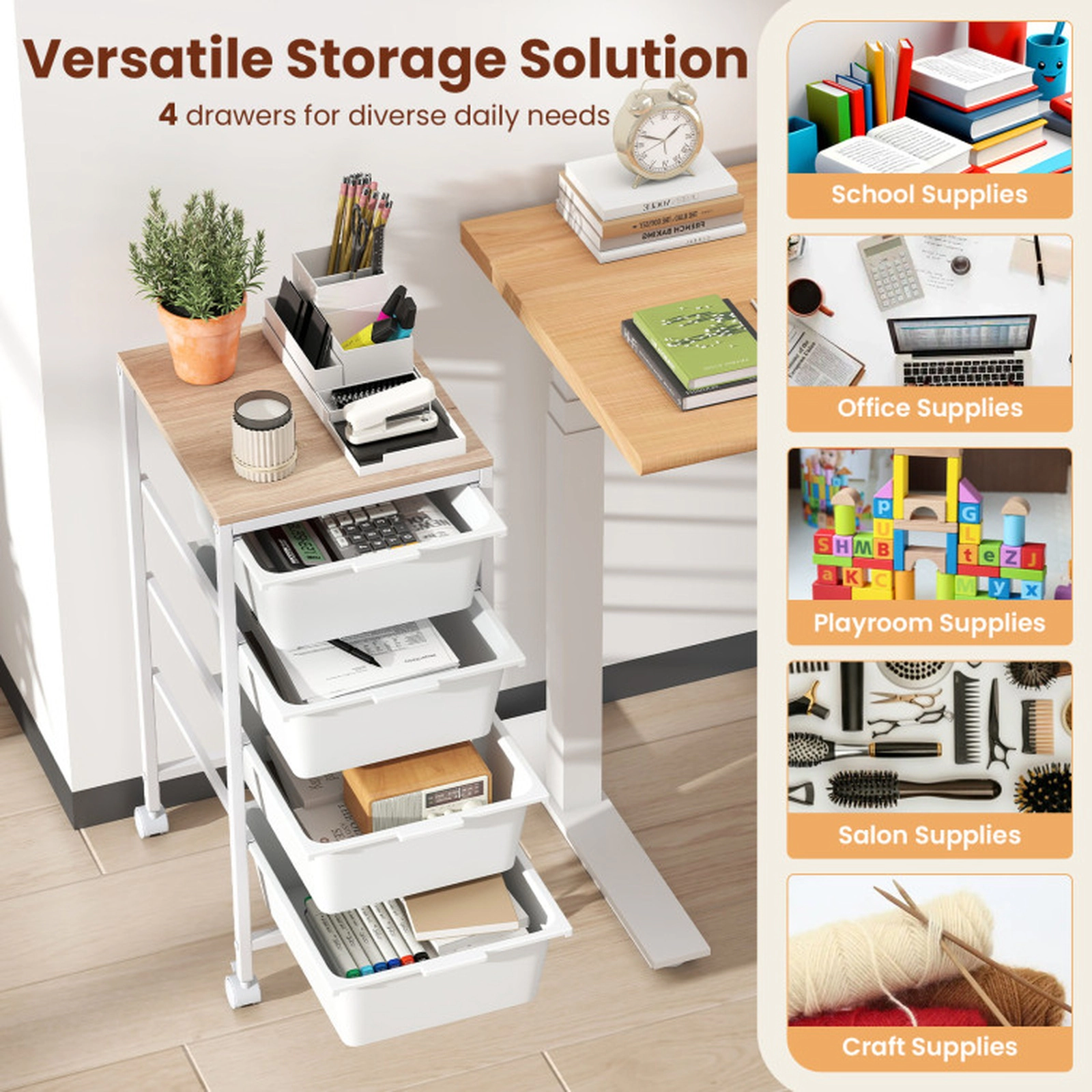 SUGIFT 5-Drawer Rolling Storage Cart White with Wooden Tabletop and Lockable Wheels