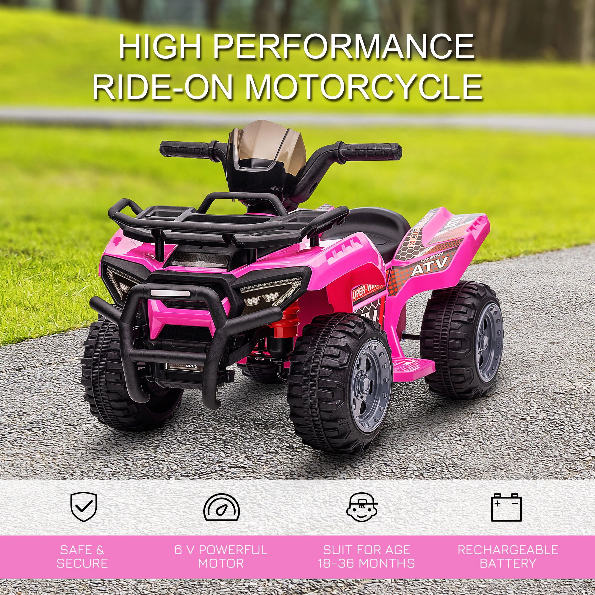HONGGE 6V Kids ATV Ride-On Toy Car with Music and Handlebar Button Drive for Toddlers 18-36 Months, Pink