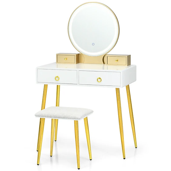 SUGIFT 2-Piece 52.5-Inch Makeup Vanity Set with Lighted Mirror, 4 Drawers and Cushioned Stool