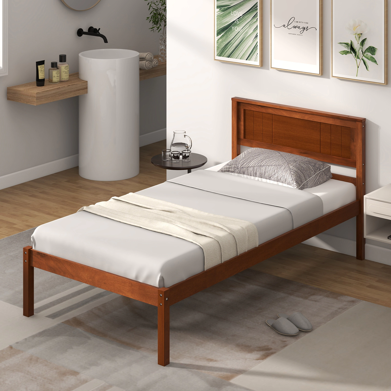 Twin Bed Frame Walnut Wood Platform Bed with Headboard and Footboard 440-lb Capacity Strapped Slats