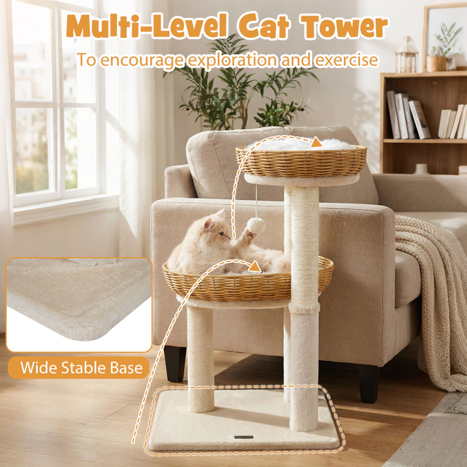 SlickBlue Unisex 30 Inch Rattan Cat Tower with 2 Baskets
