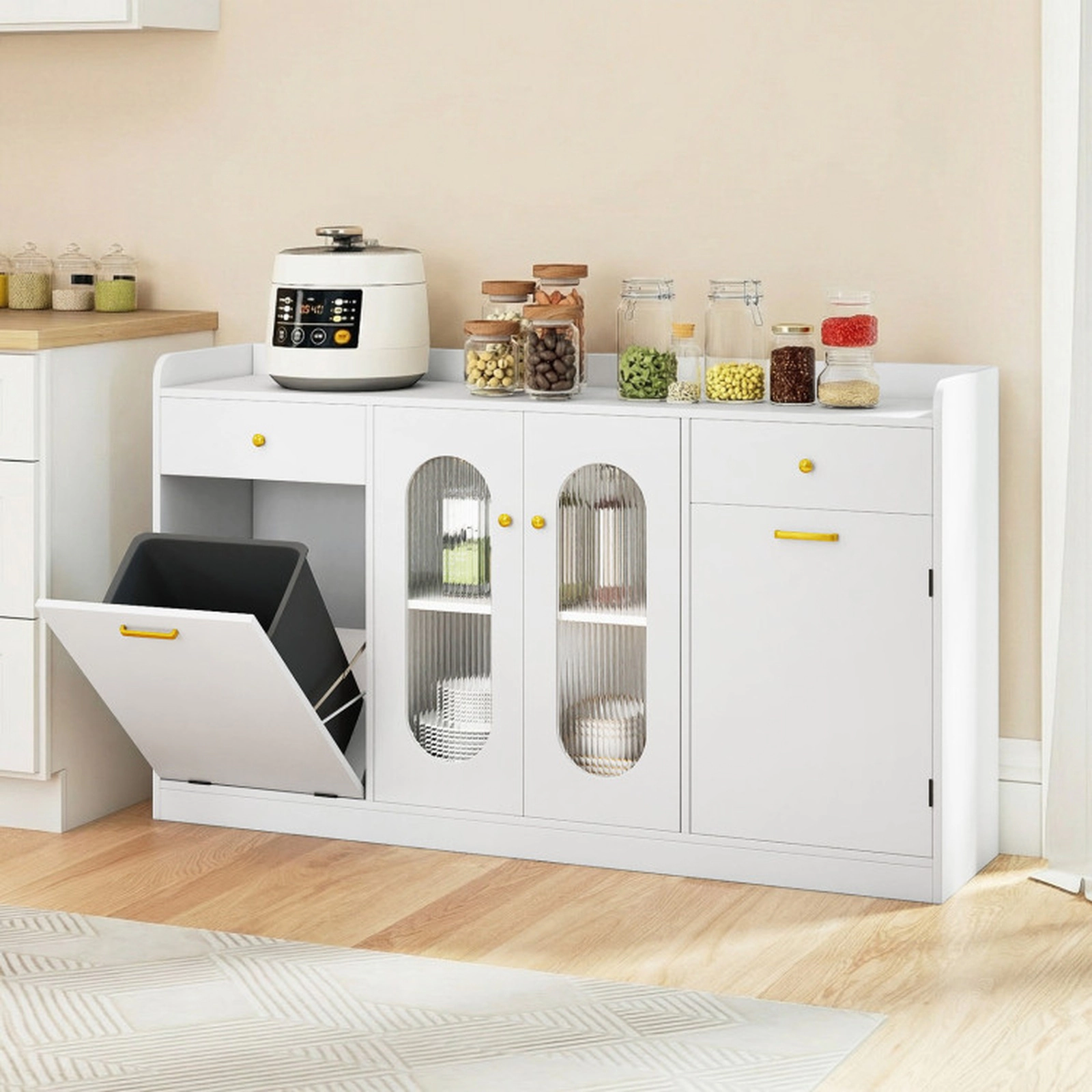 SUGIFT 55-in Hidden Trash Bin Cabinet 2 Fluted Glass Doors 2 Drawers Buffet Sideboard 13.5-in D 110-lb Capacity White