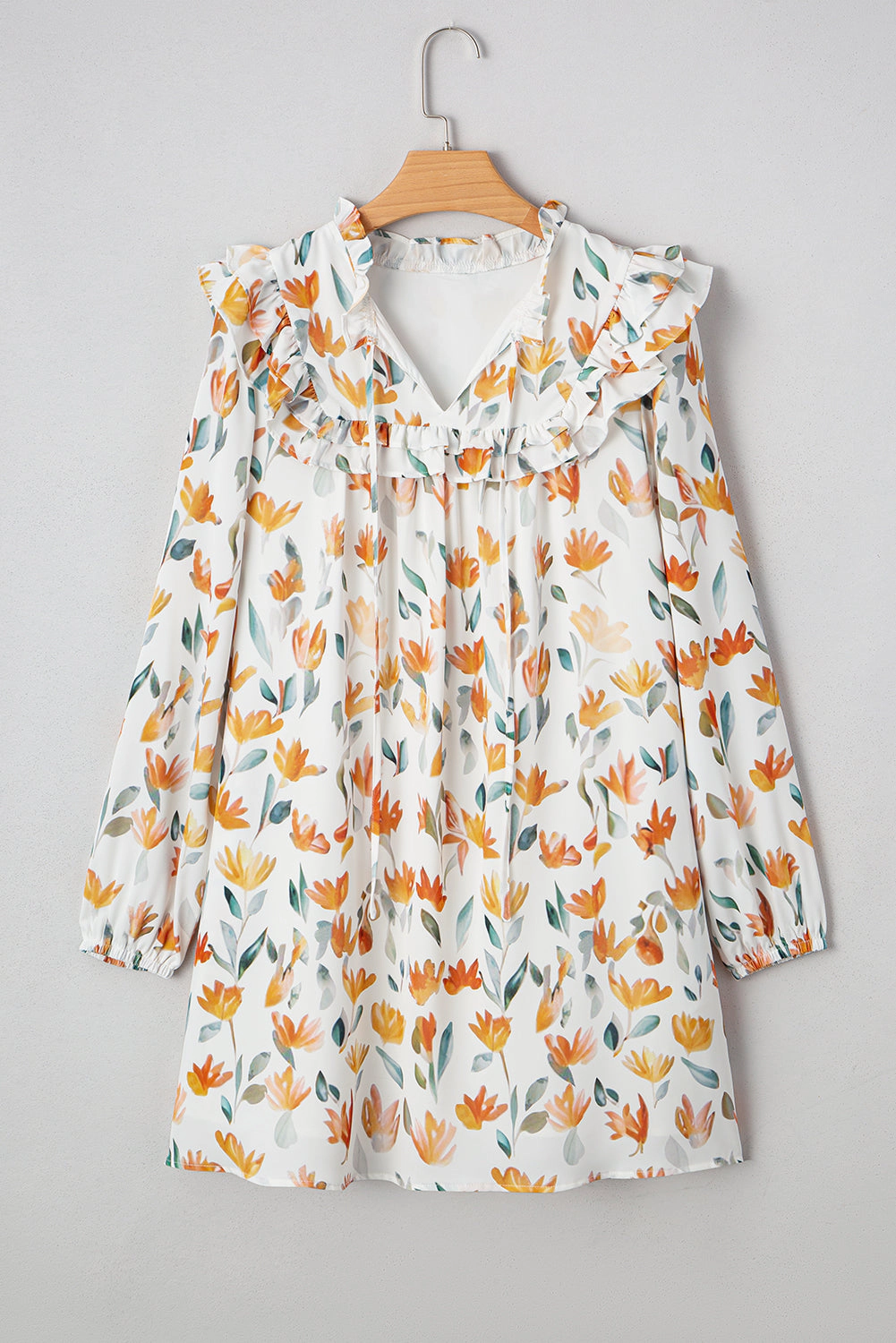 Threaded Pear Women's Katherine Floral Tie Neck Frilled Long Sleeve Dress