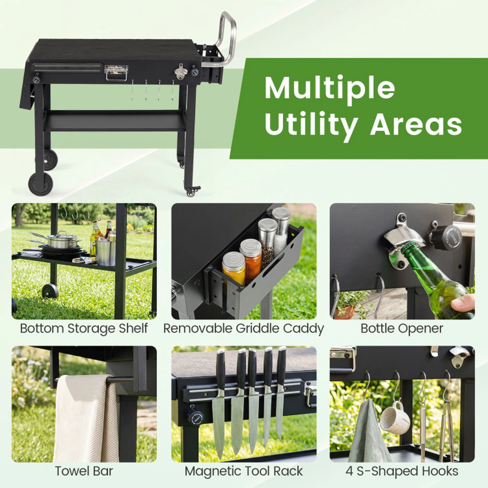 SUGIFT Foldable Outdoor Grill Cart Grilling Table 300-lb Capacity with Storage Shelf and Griddle Caddy Black