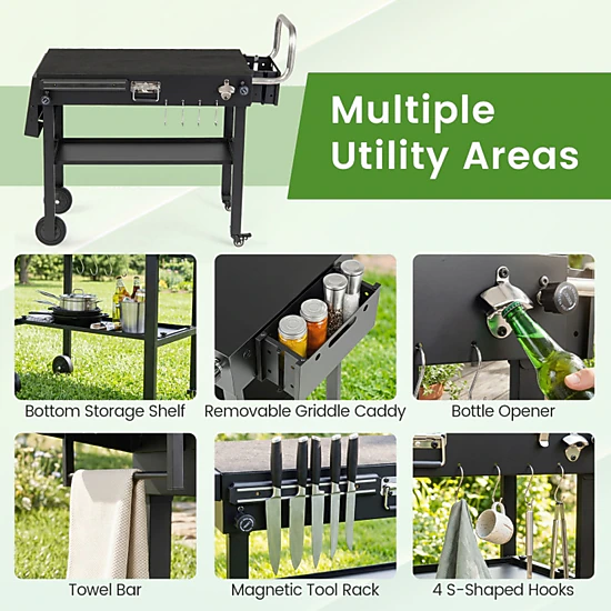 SUGIFT Foldable Outdoor Grill Cart Grilling Table 300-lb Capacity with Storage Shelf and Griddle Caddy Black