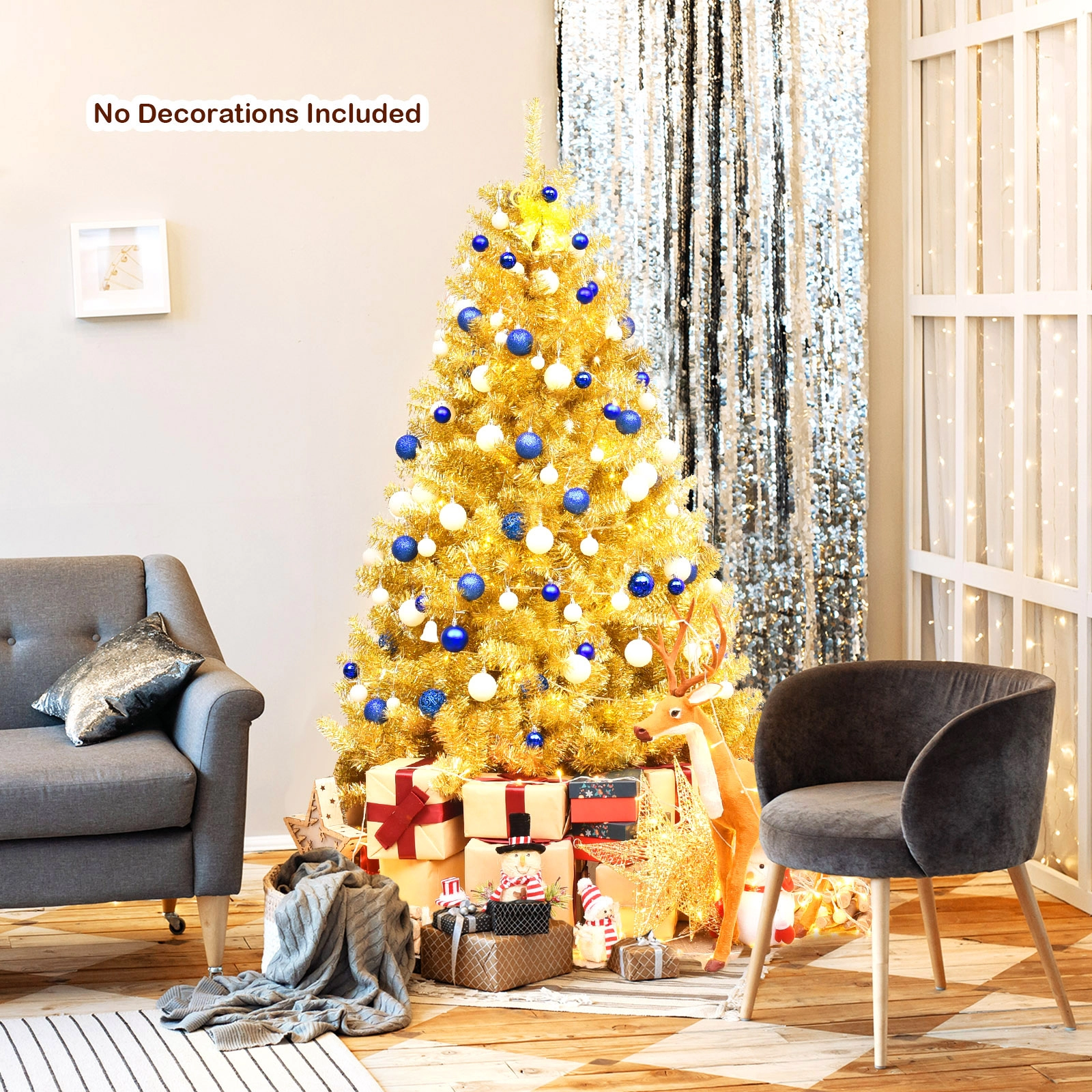 LJG 6/7.5 Feet Artificial Tinsel Christmas Tree Hinged with Foldable Stand-6 ft