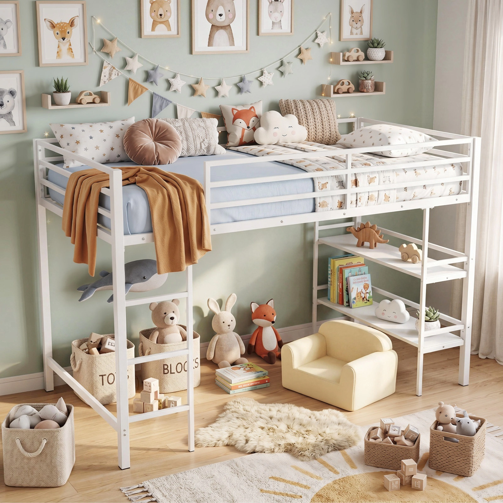 SUGIFT Twin Low Loft Bed, Metal Frame, Ladder, Storage Shelves, White
