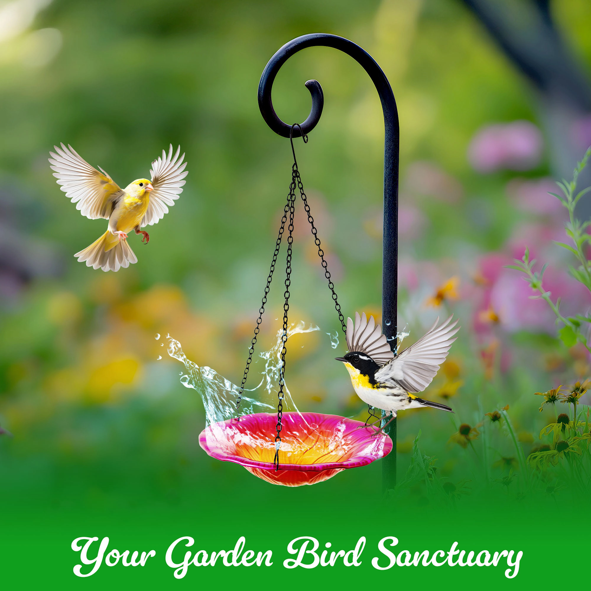 G128 8-inch Hanging Glass Bird Bath and Feeder, Pink Flower Design