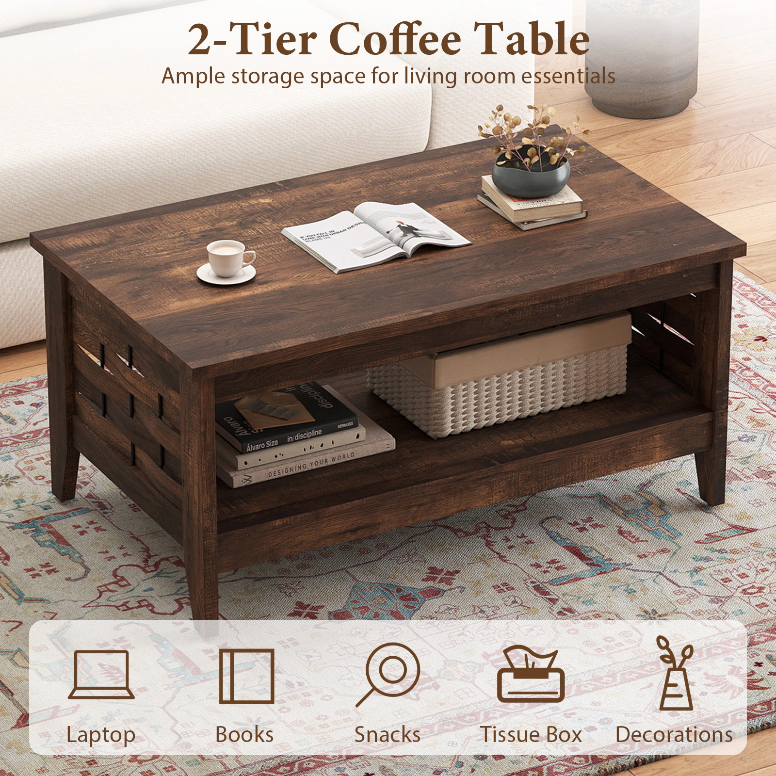 SUGIFT 2-Tier Woven Lattice Open Shelf Farmhouse Coffee Table 39.5-in x 23.5-in x 19-in 135-lb Capacity Rustic Brown