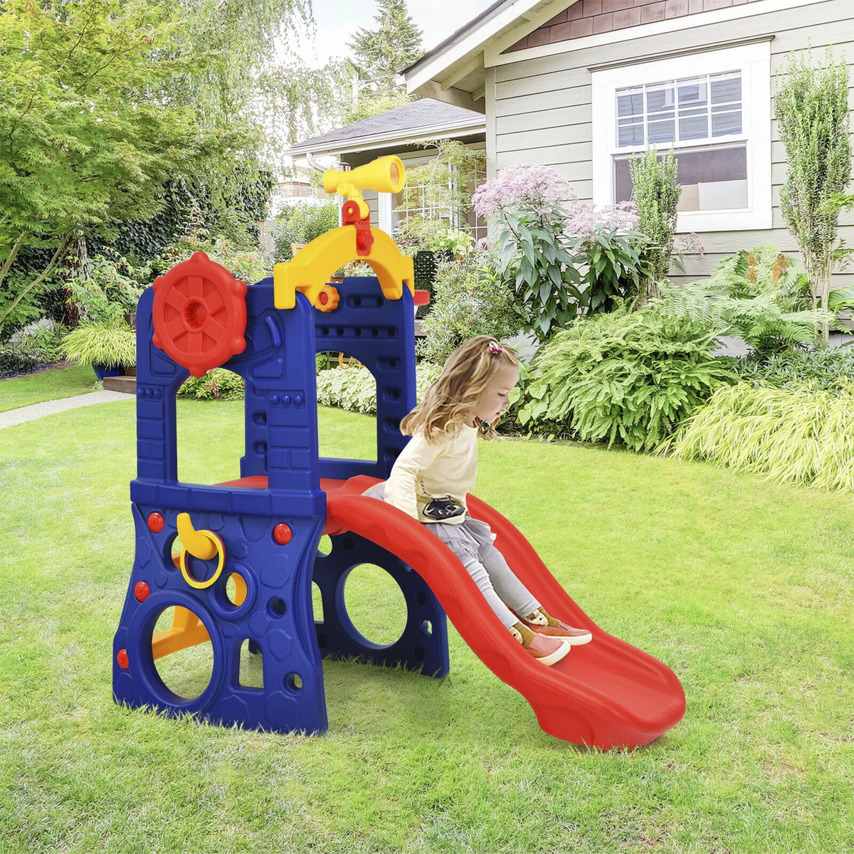 SUGIFT 6-in-1 Freestanding Kids Climber Slide with Basketball Hoop & Ring Toss 110-lb Capacity Ages 3-8 As Picture Shows