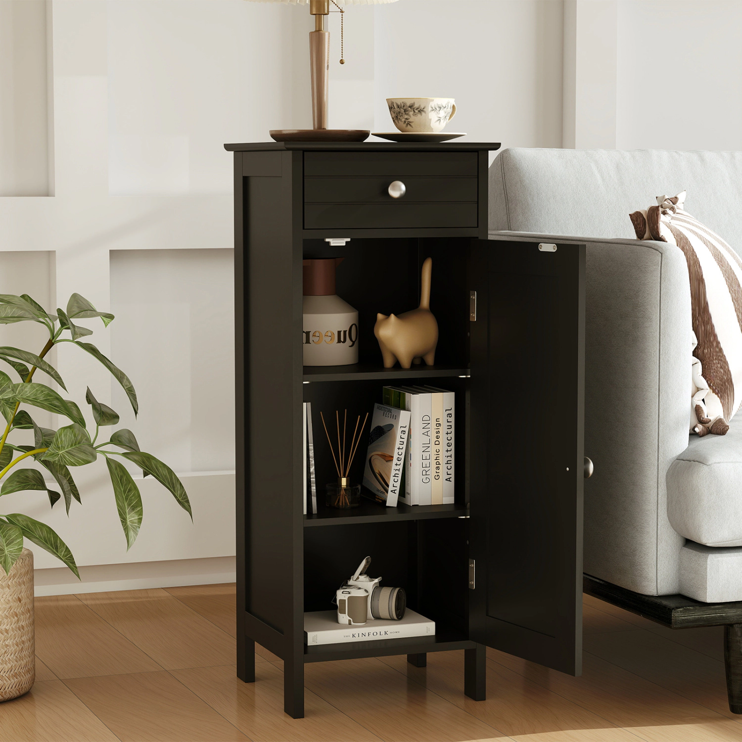 SlickBlue Narrow Storage Cabinet with Adjustable Shelves and Drawer