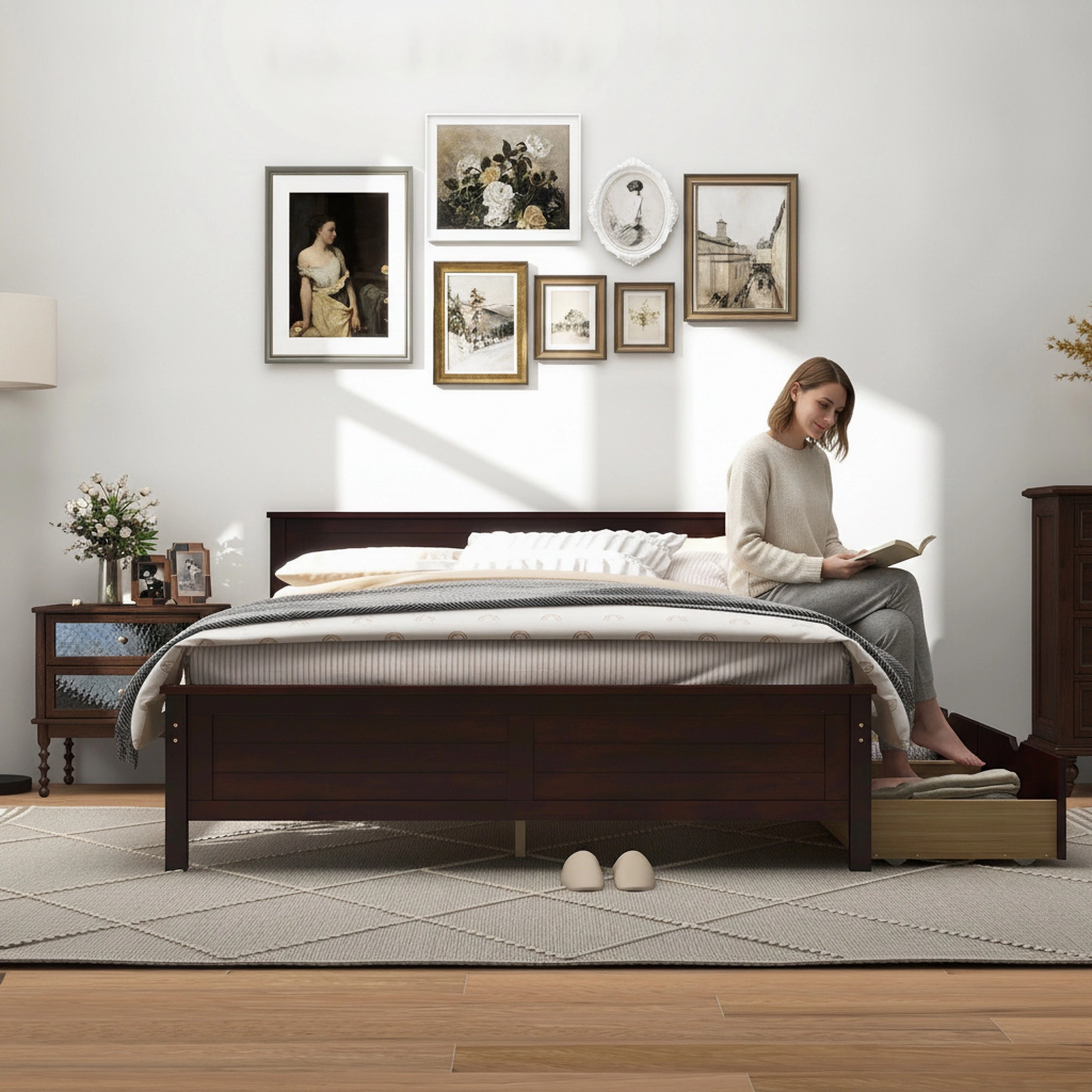 SUGIFT Full Platform Bed Frame, Espresso Wood, 2 Roll-Out Storage Drawers, Panel Headboard