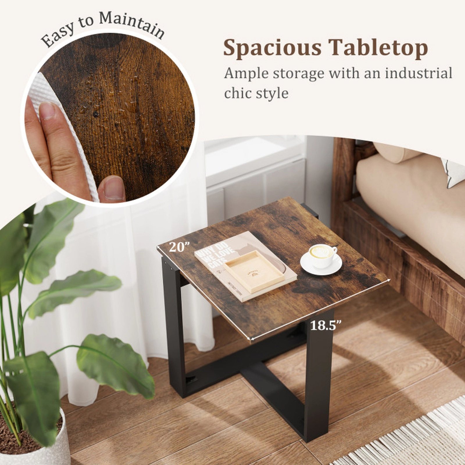 SUGIFT Spacious Tabletop Industrial Sofa End Table with Metal Frame 110-lb Capacity Rustic Brown & Black