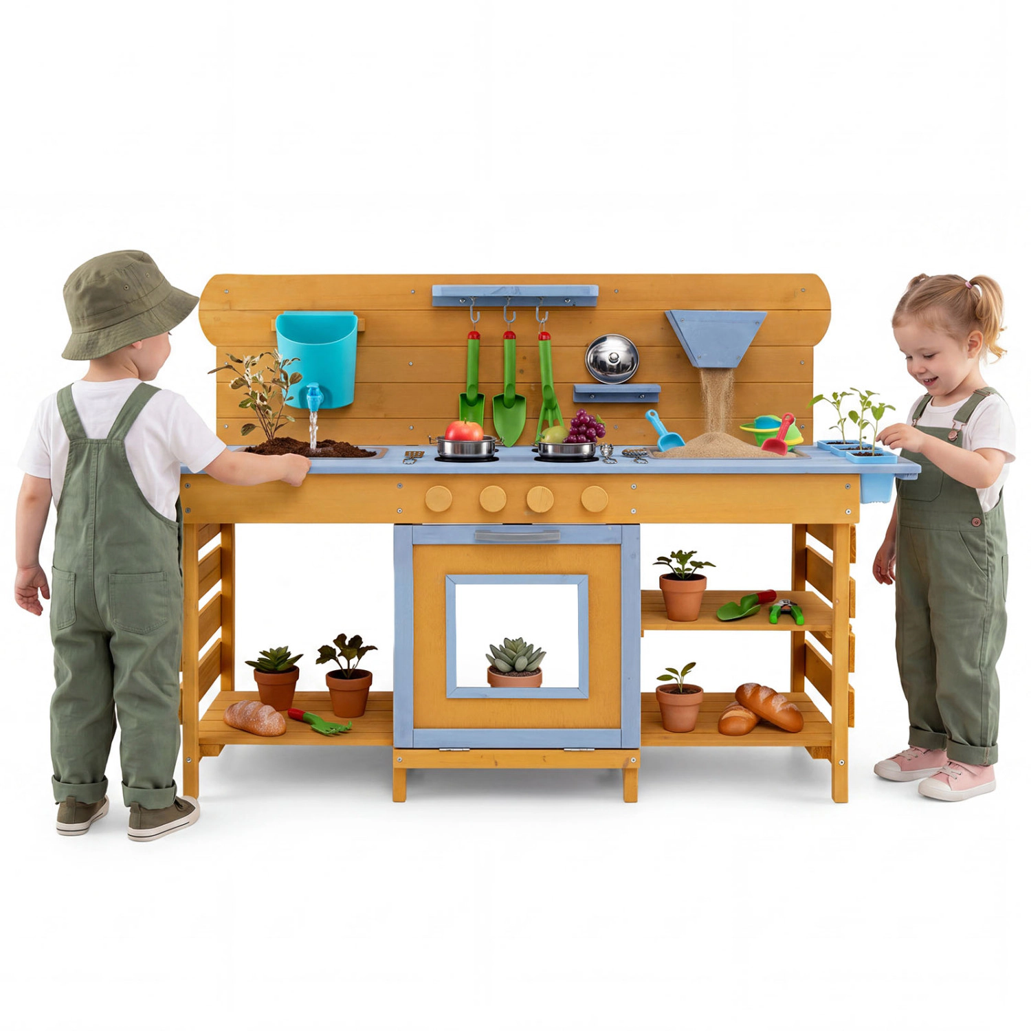 LJG Kids Wooden Mud Kitchen with 2 Sinks and 4 Stoves