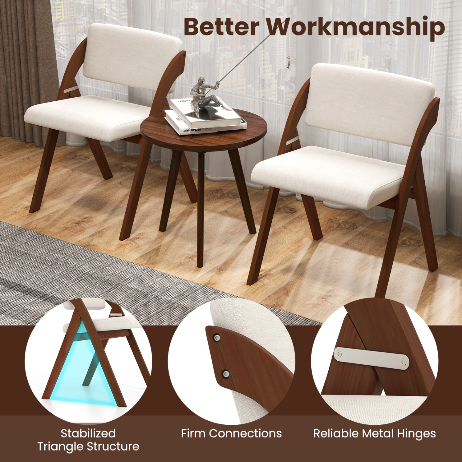 LJG Set of 4 Folding Kitchen Dining Chairs with Rubber Wood Legs