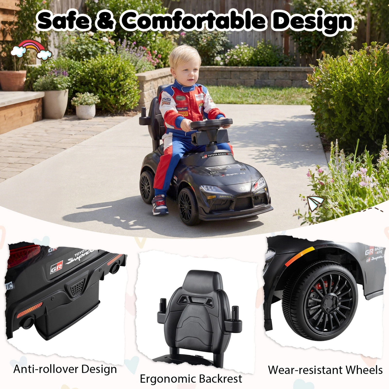 SUGIFT 3-in-1 Foot-to-Floor Push Ride-On Car with Parent Handle 44-lb Capacity Ages 1.5-5 Years Black Red Blue White