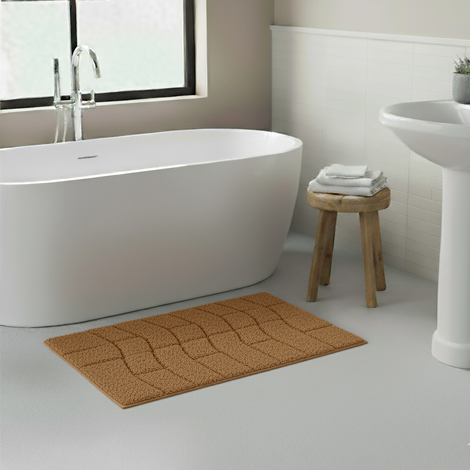 Knightsbridge Stylish And Comfortable All Season Traditional New Tile Design Cotton Bath Rug 17" X 24" Natural