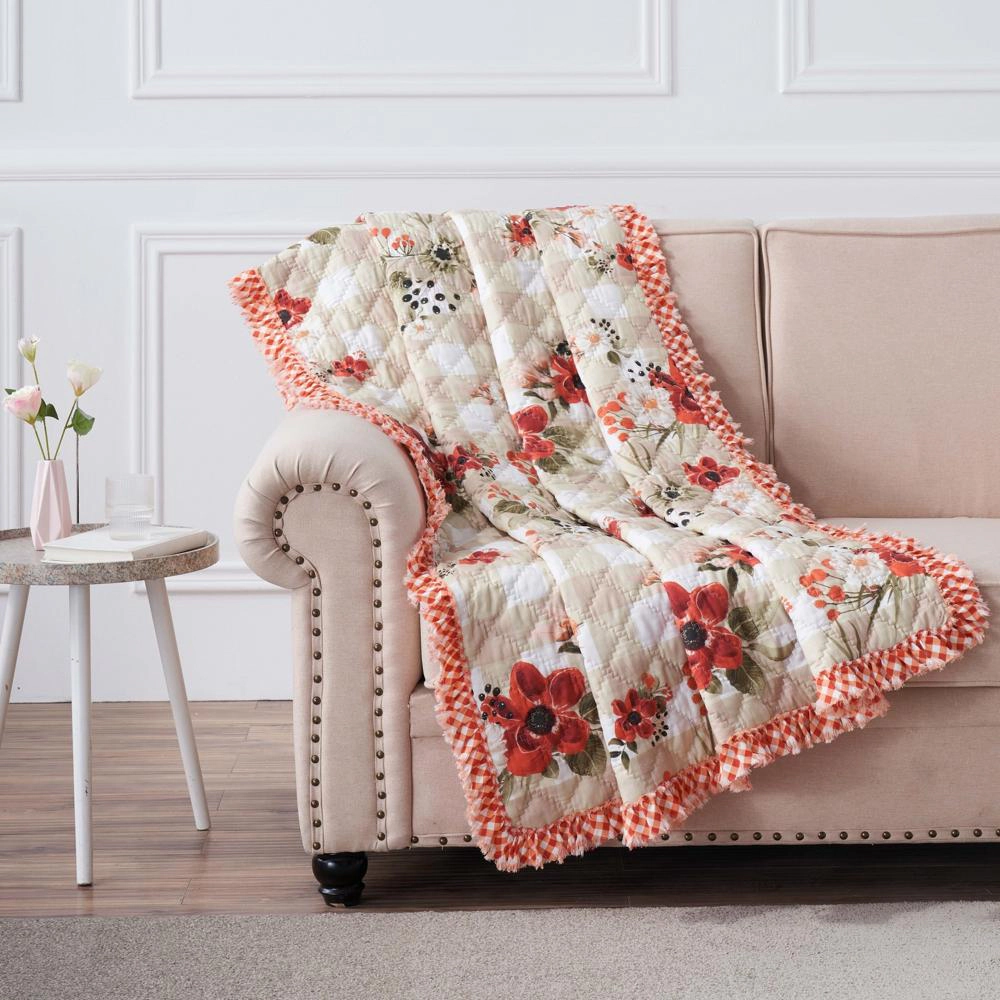 Greenland Home Wheatly Farmhouse Gingham Quilted Throw, 50" x 60", with Ruffle Trim