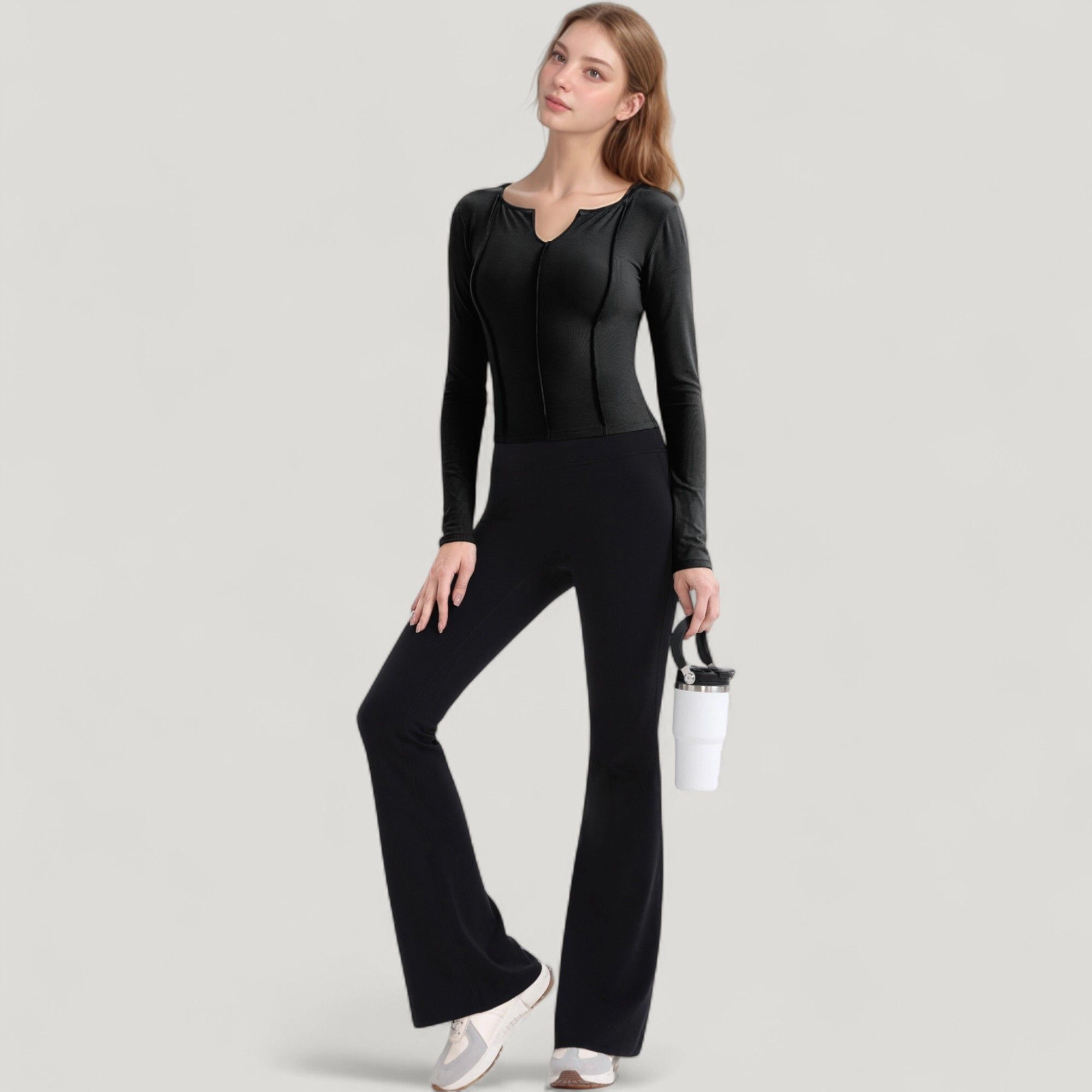 Anna-Kaci Women's Long Sleeve Fitted Athletic Top with Notch Neckline and Contoured Seams