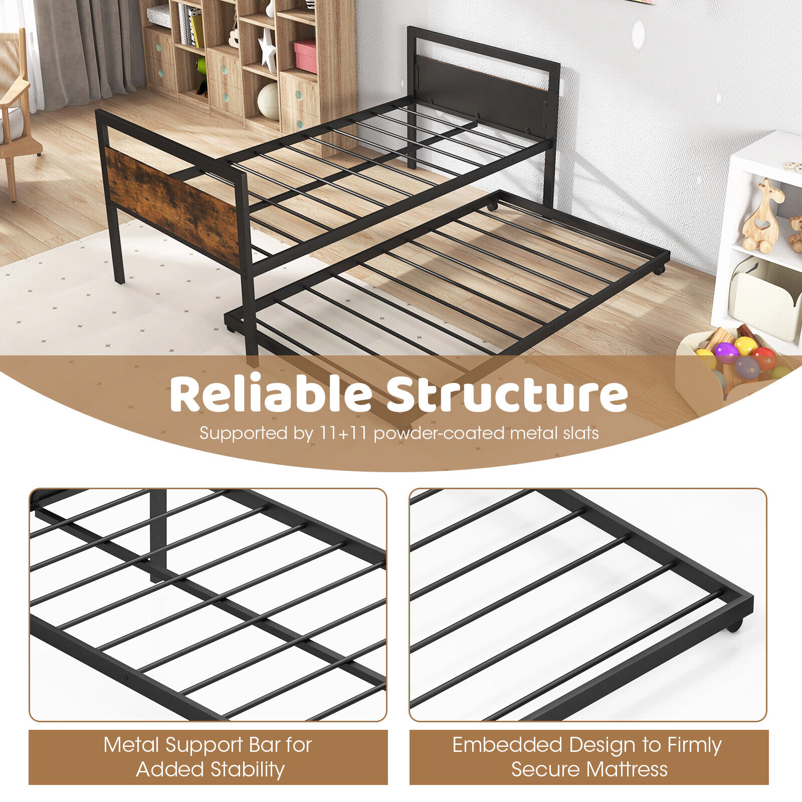 SUGIFT Twin Daybed Trundle Lockable Wheels Twin Size 550-lb Sofa Capacity 265-lb Trundle Capacity Rustic Brown & Black