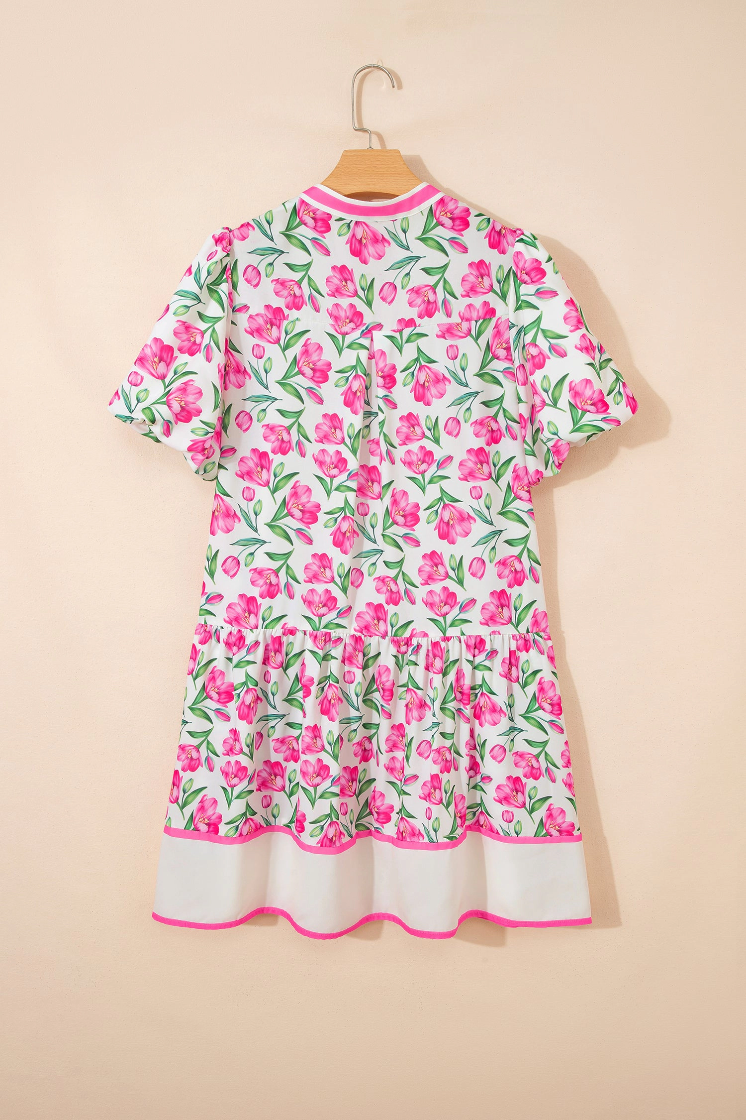 Threaded Pear Womens Aliya Block Trim Short Dress - Floral V-Neck Puff Sleeve Mini