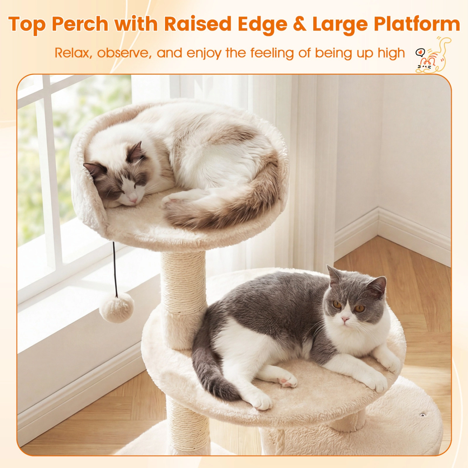 SUGIFT Beige 36 in Kitten Tower with 11.5 in Condo Raised Edge Perch and 3 Posts