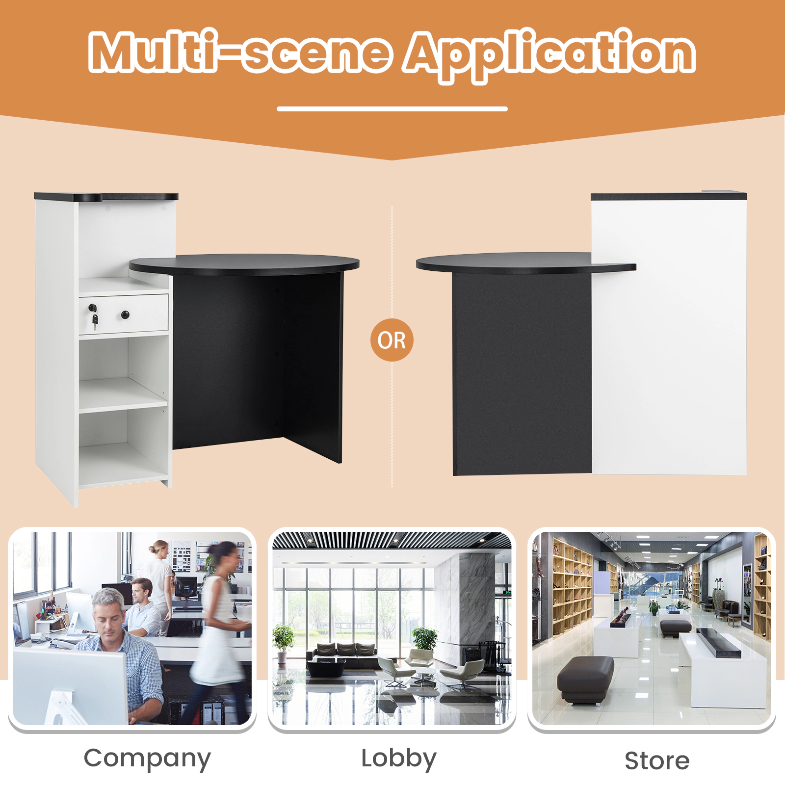 SUGIFT 48-Inch Modern Reception Desk, Black and White Front Counter with Lockable Drawer and Adjustable Shelves