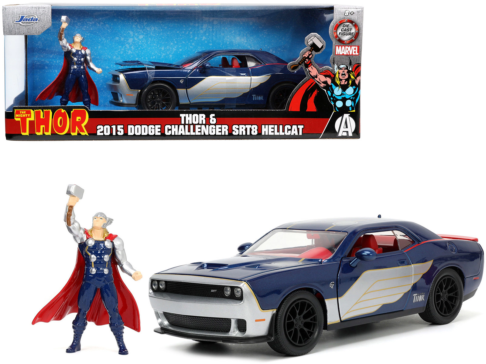 Jada 2015 Dodge Challenger SRT Hellcat Dark Blue with Graphics and Red Interior and Thor Diecast Figure "The