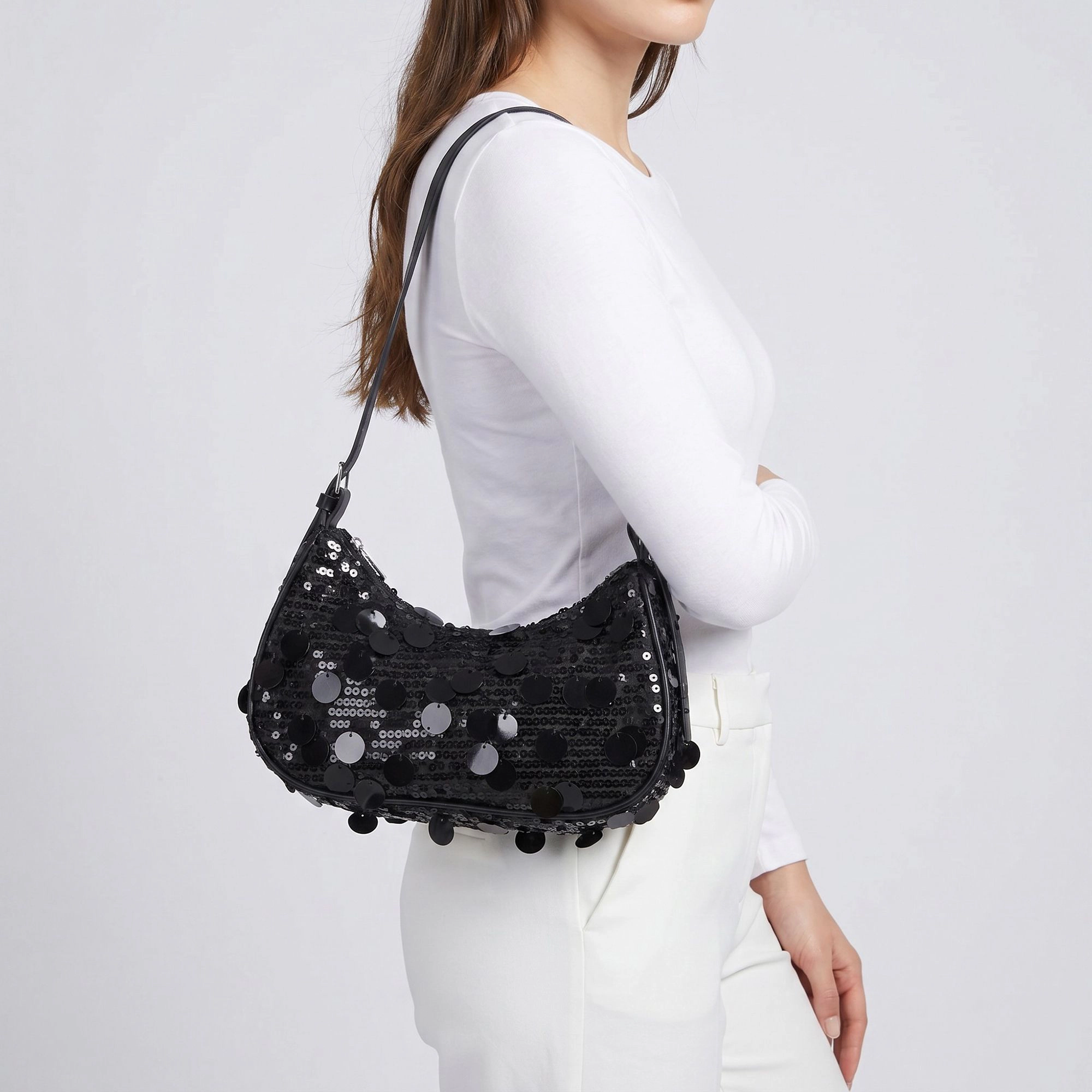 Alilang Women's Sequin Crescent Shoulder Bag with Disc Paillette Details and Slim Strap