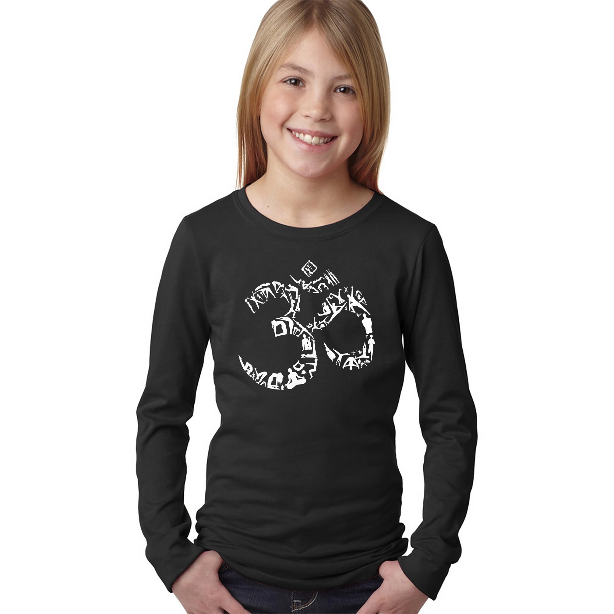 LA Pop Art Girls Long Sleeve Word T-Shirt - THE OM SYMBOL OUT OF YOGA POSES