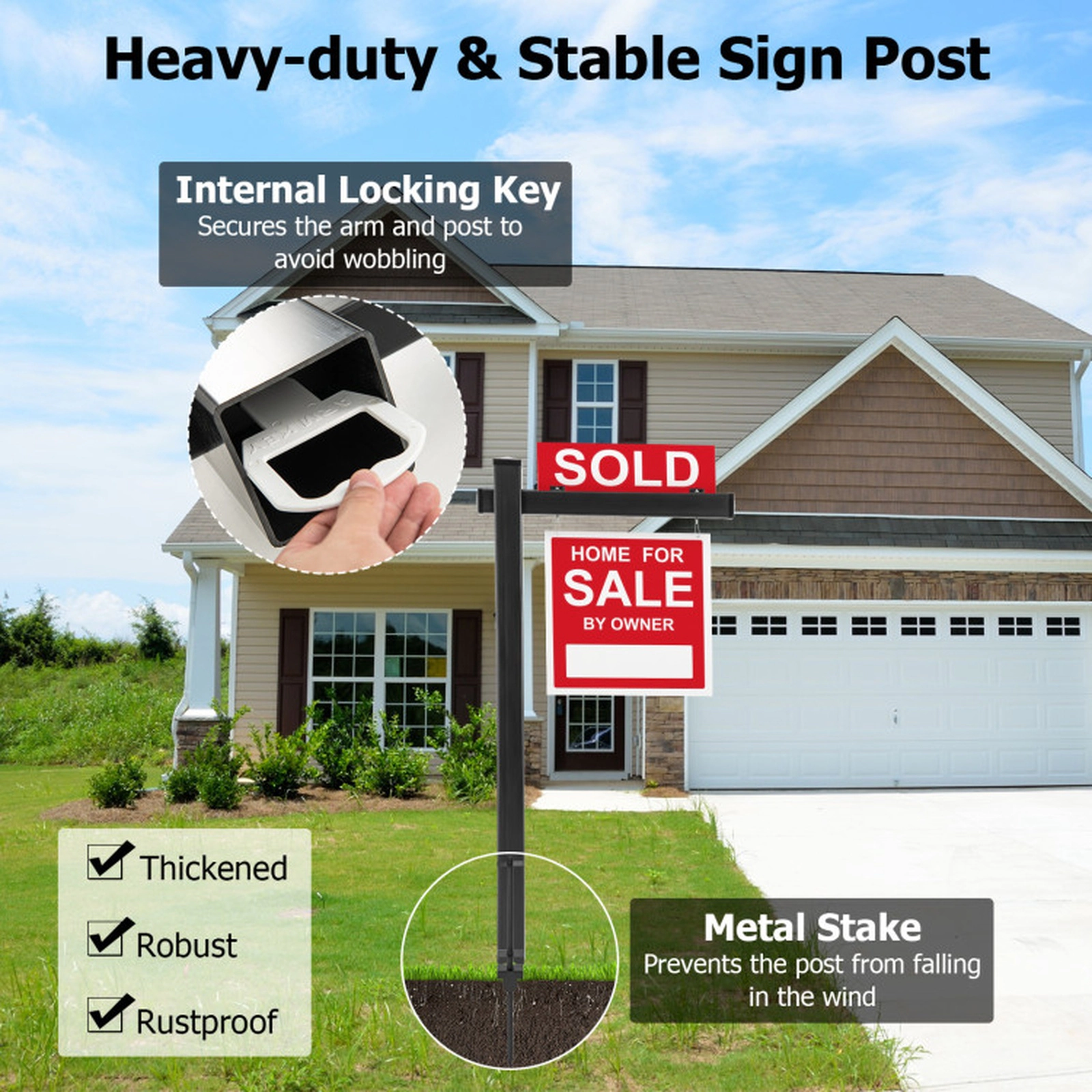SUGIFT Set of 2 6-Foot UPVC Real Estate Realtor Yard Sign Posts with 72-in Post 36-in Arm and Rider Capacity Black