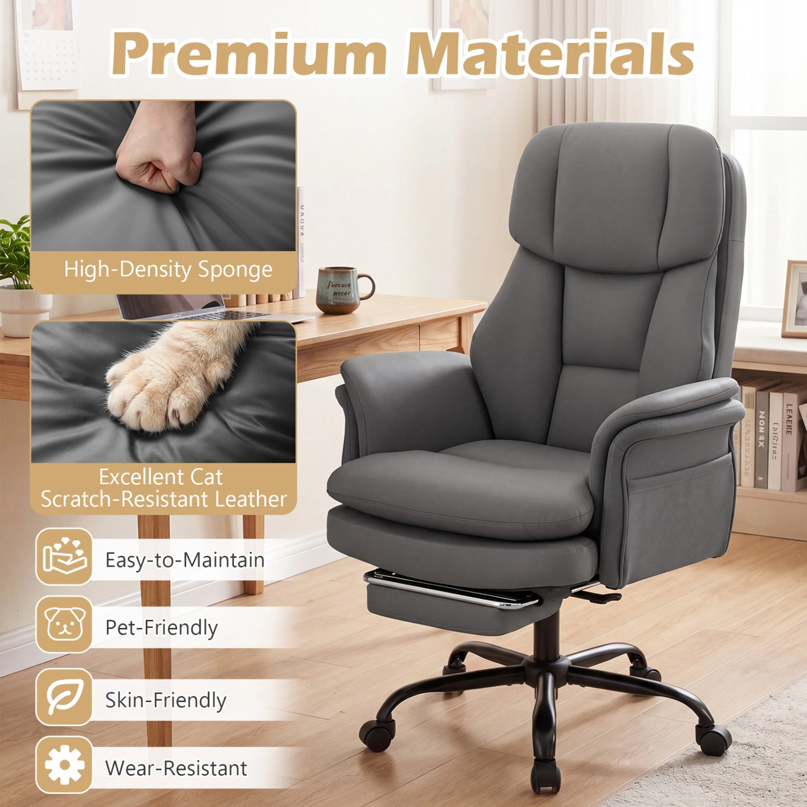 SUGIFT Ergonomic Cross Legged Executive Office Chair 500-lb Capacity with Retractable Footrest Gray