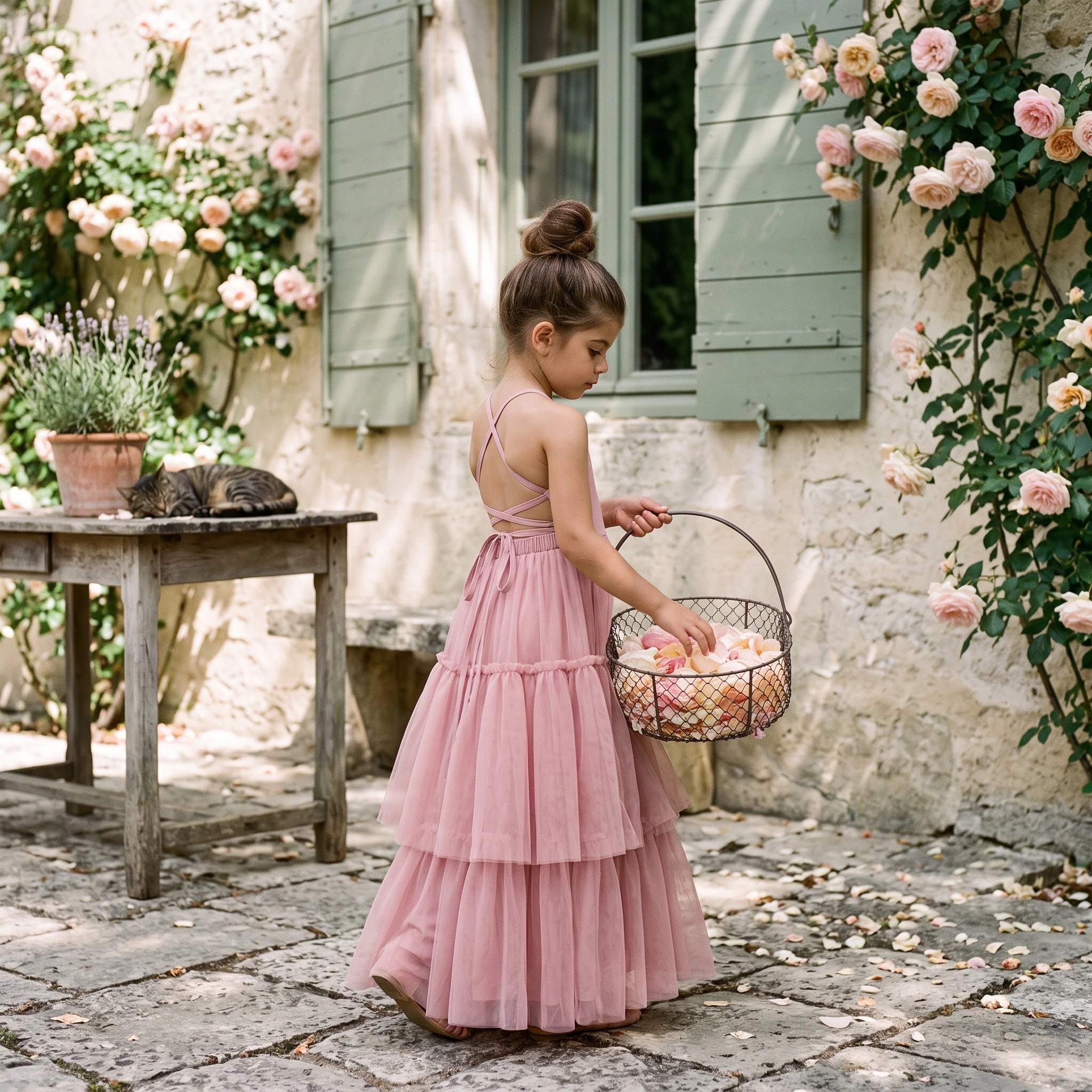 2Bunnies Girls Boho Tiered Tulle Maxi Dress with Crisscross Open Back