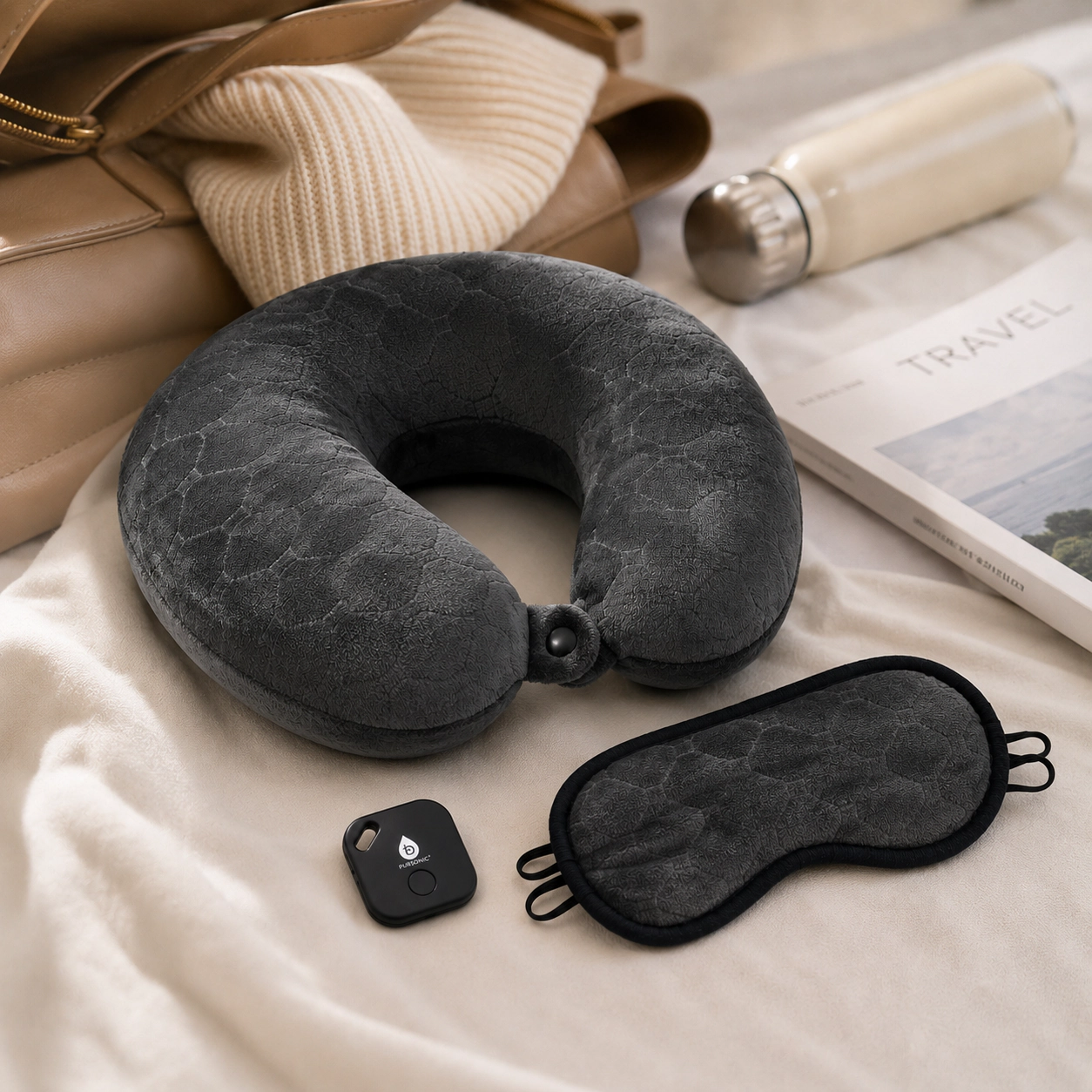 Pursonic Unisex Travel Comfort Bundle with Memory Foam Pillow, Sleep Mask & Smart Tracker