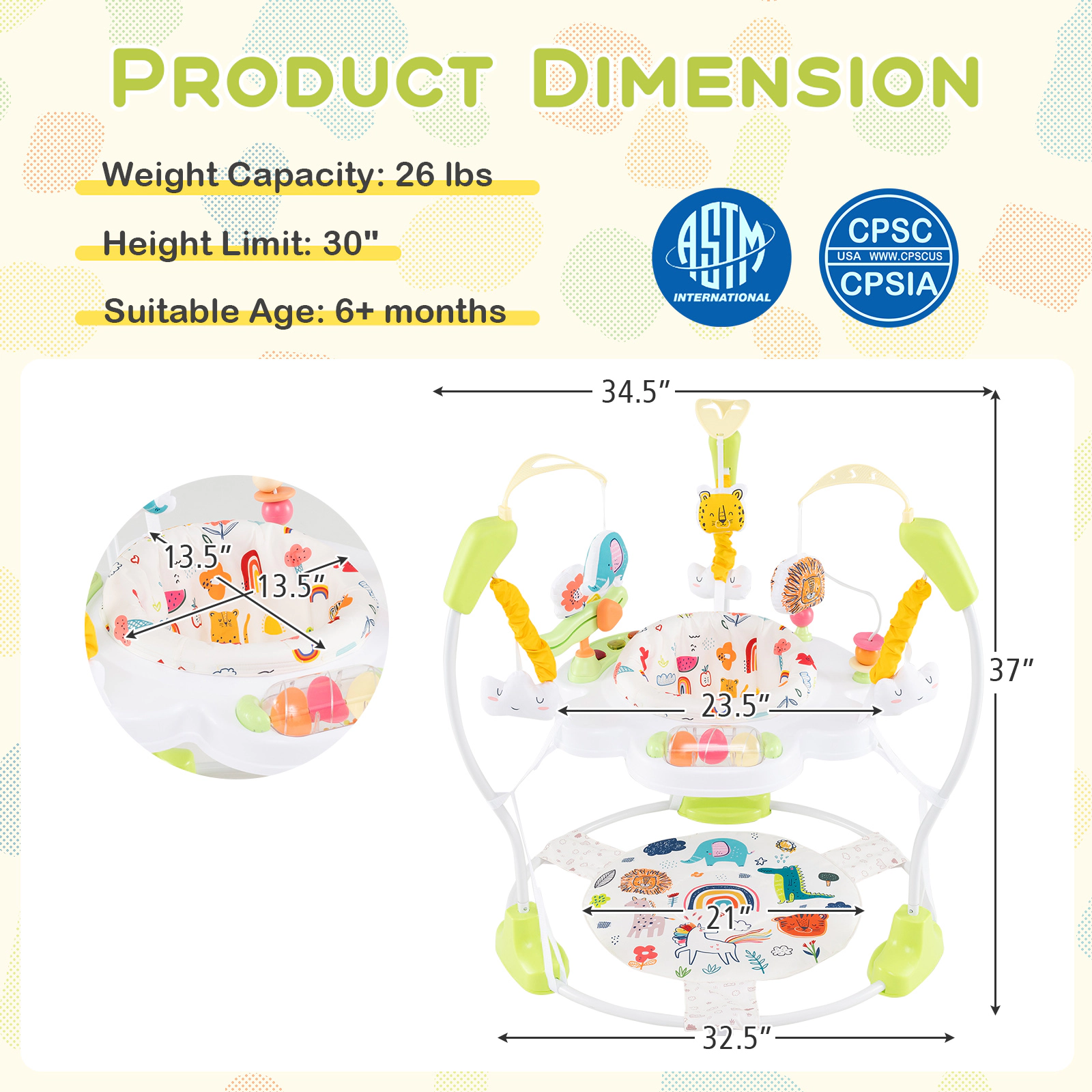 SUGIFT Baby Yellow Saucer Activity Center with 3 Height Settings and 10 Toys 34.5-in Dia 26-lb Seat Capacity