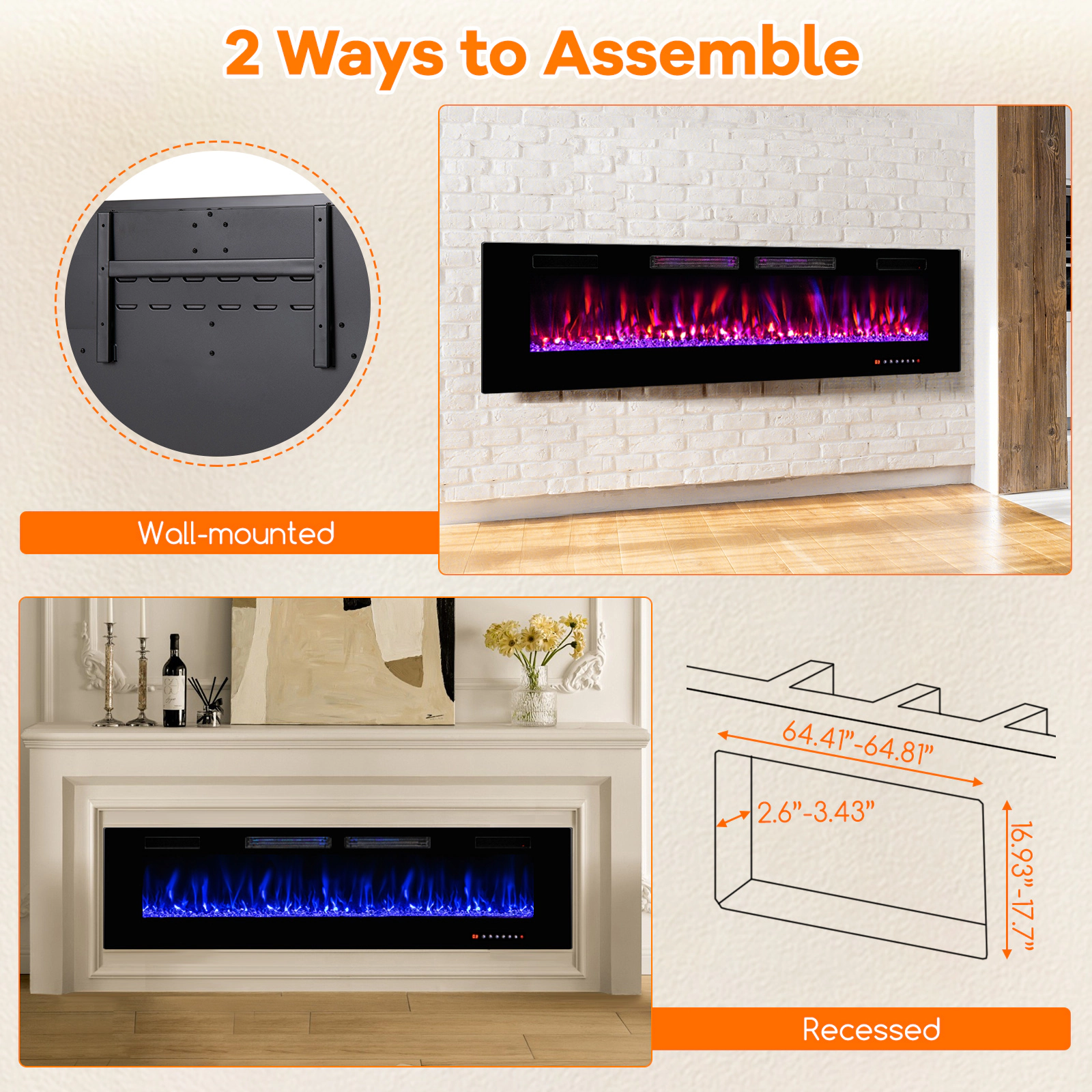 LJG Ultra-Thin Electric Fireplace with Decorative Crystals