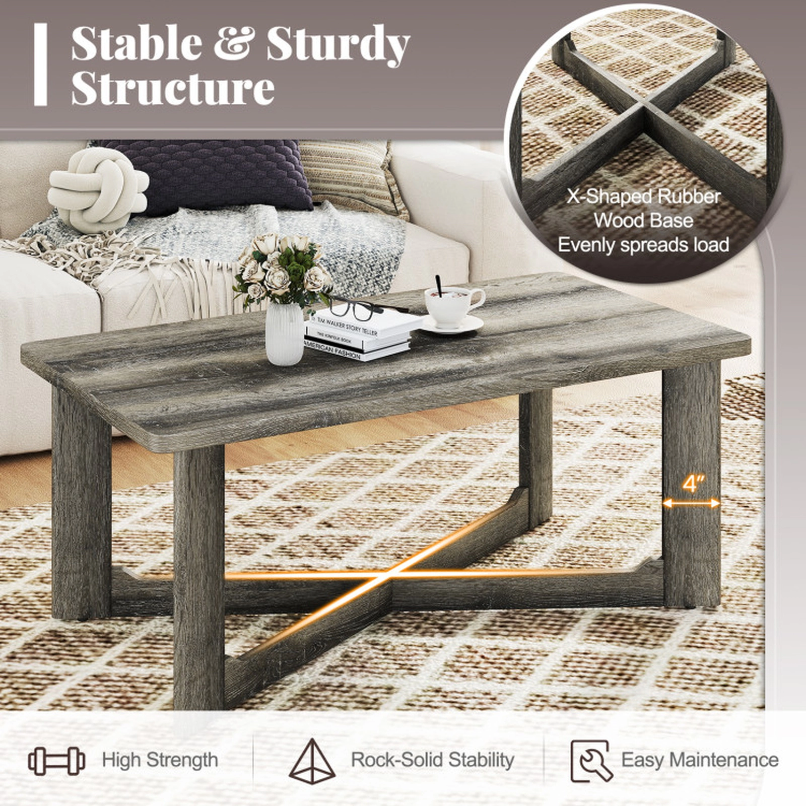 SUGIFT 4-in Thick Legs X-Shaped Solid Rubber Wood Base Coffee Table 44-in x 23.5-in x 18.5-in 250-lb Capacity Gray