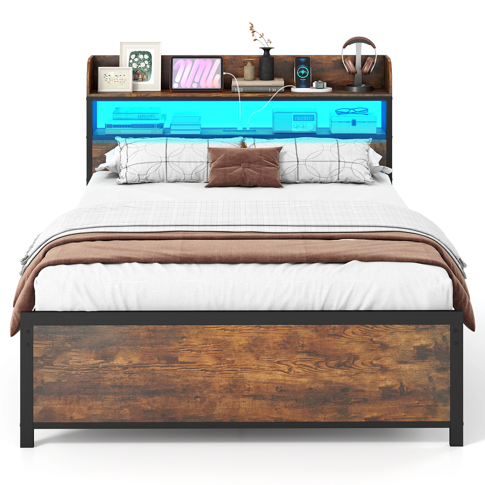 SUGIFT LED Storage Headboard Bed Frame with Power Outlets Full Size 1000-lb Capacity Rustic Brown