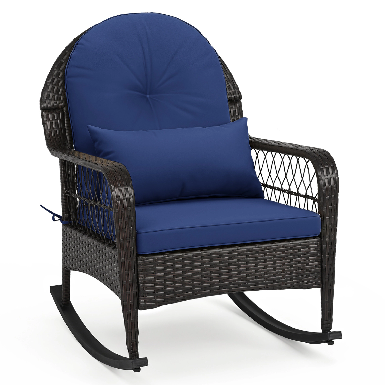 LJG Patio Rattan Rocking Chair with Seat Back Cushions and Waist Pillow