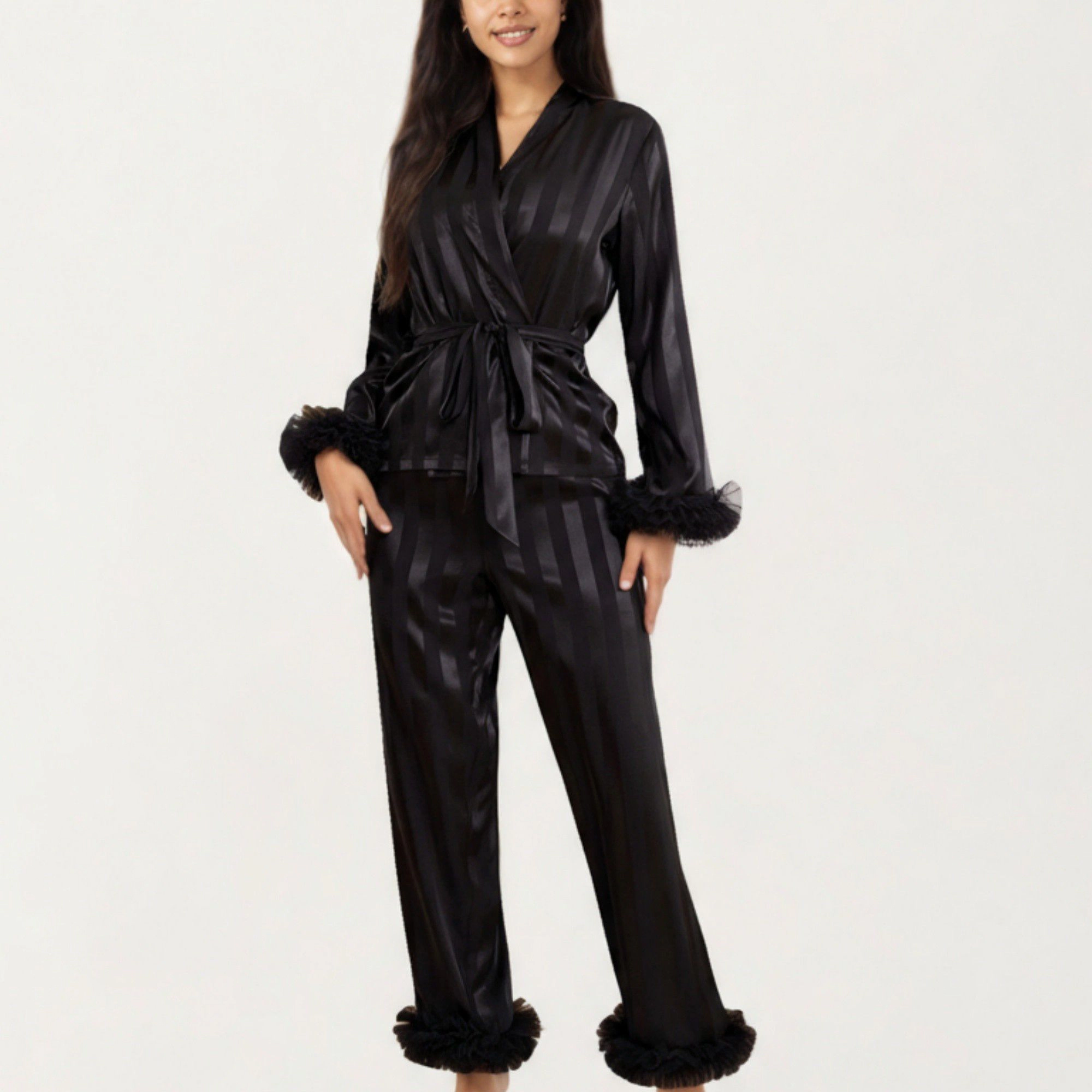 Anna-Kaci Women's 2-Piece Satin Wrap Long Sleeve Feather Trim Top and Straight Leg Pants