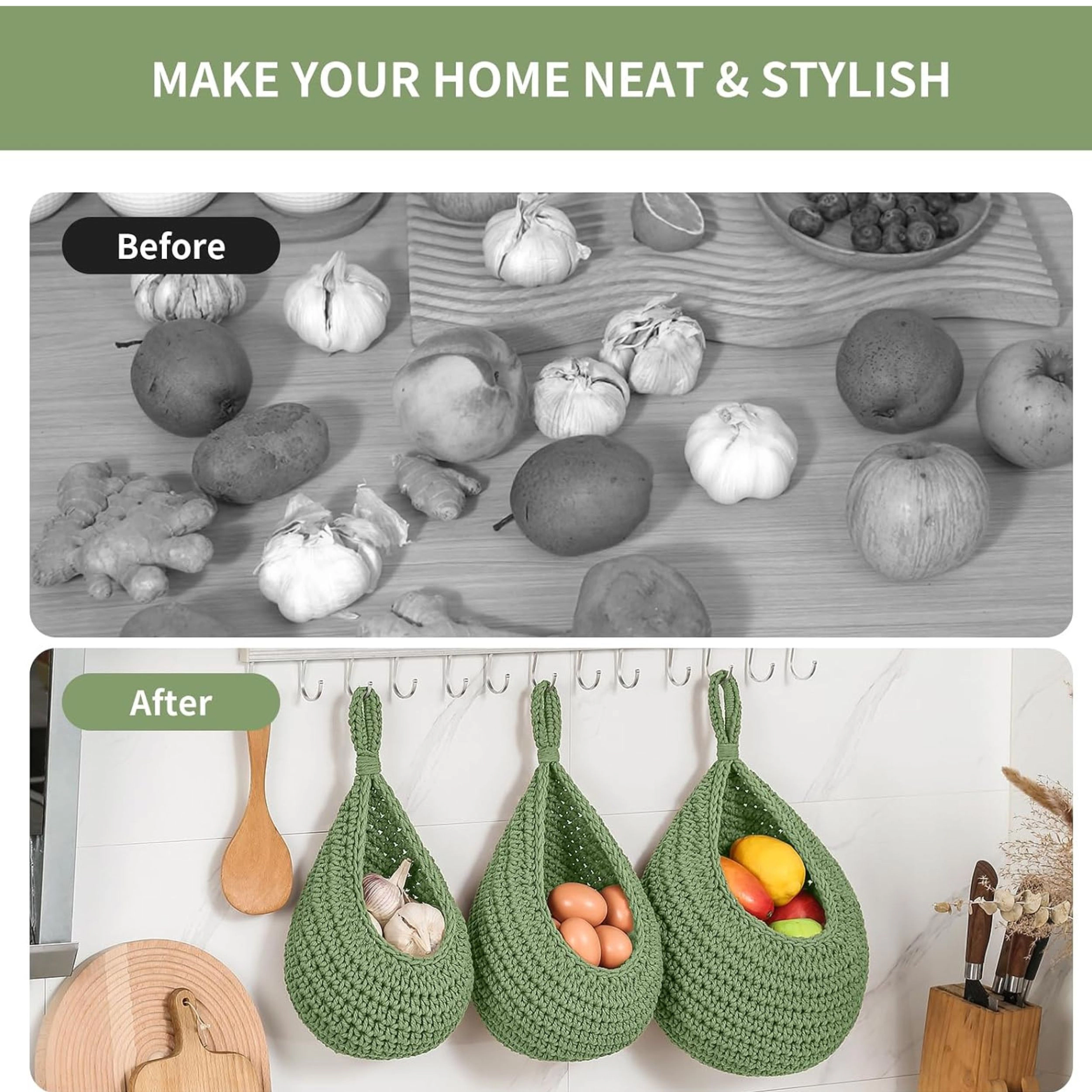 Stock Preferred Pack of 3 Boho Woven Hanging Fruit and Vegetable Storage Baskets with Hooks