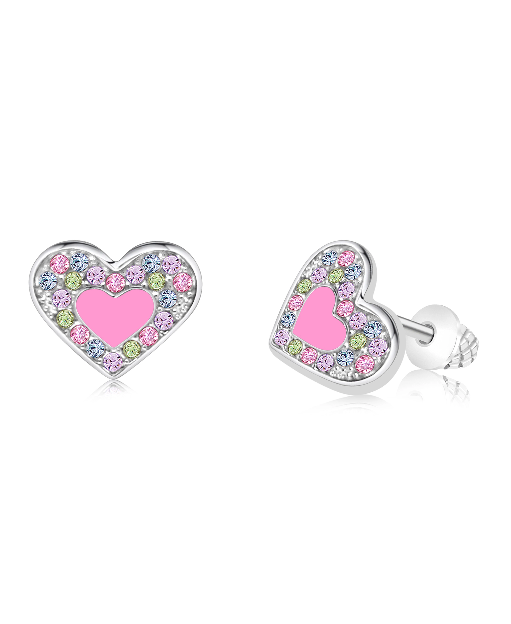 CHANTEUR Kids Heart Stud Earrings - Hypoallergenic Surgical Titanium Screwback, Silver-Plated with Pink Cubic Zirconia