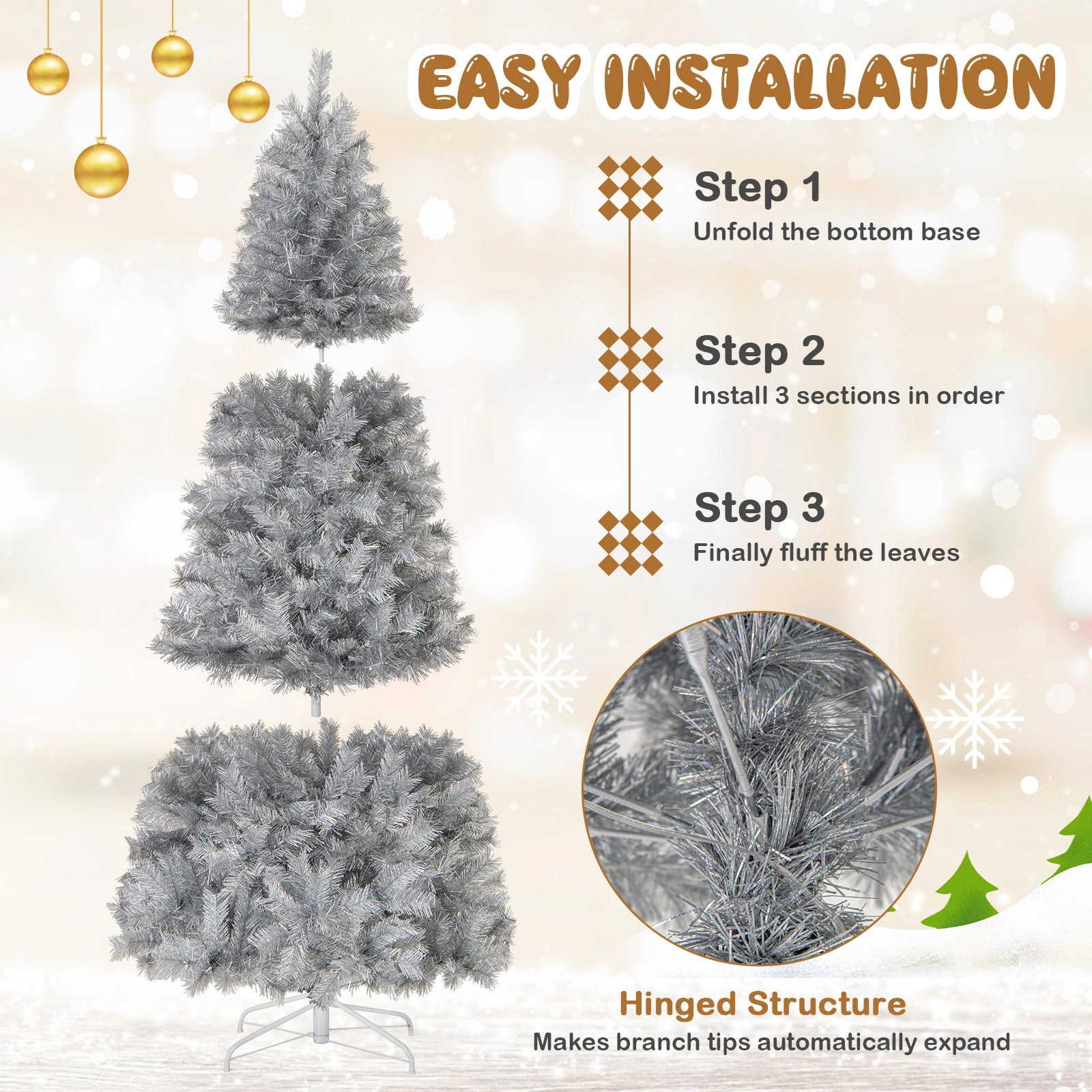 SUGIFT Artificial Xmas Tree with Branch Tips and Warm White LED Lights 7-ft Silver
