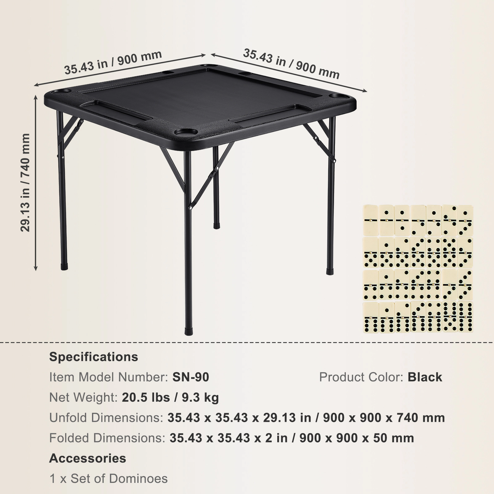 HONGGE 35.4-Inch Square Folding Game Table for Mahjong, Cards & Dominoes with 4 Cup Holders & Chip Trays, Black