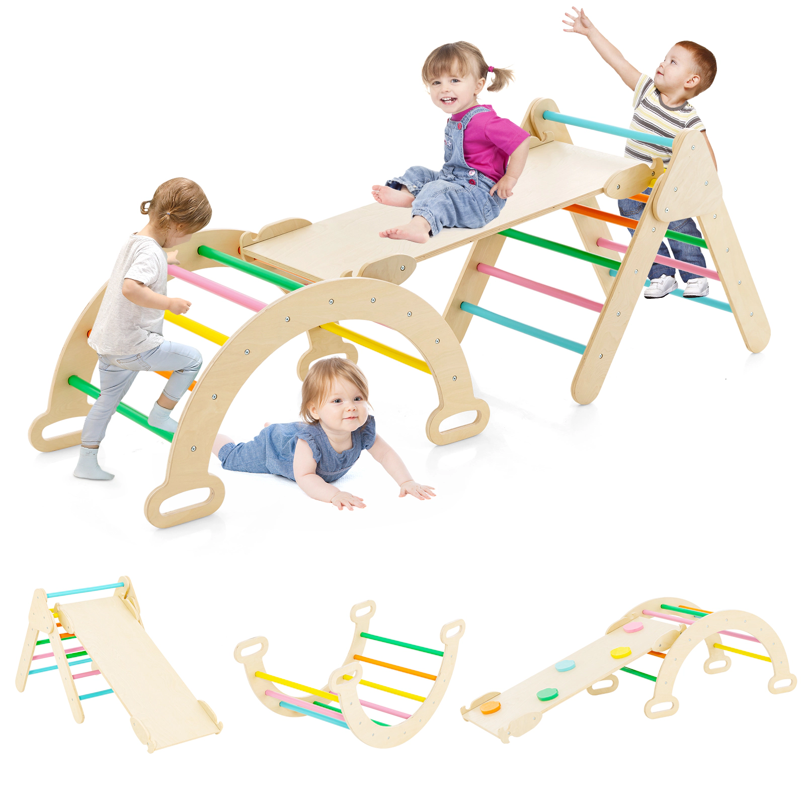 SUGIFT Multicolor Triangle Arch and Reversible Ramp 5-in-1 Wooden Kids Climber Set