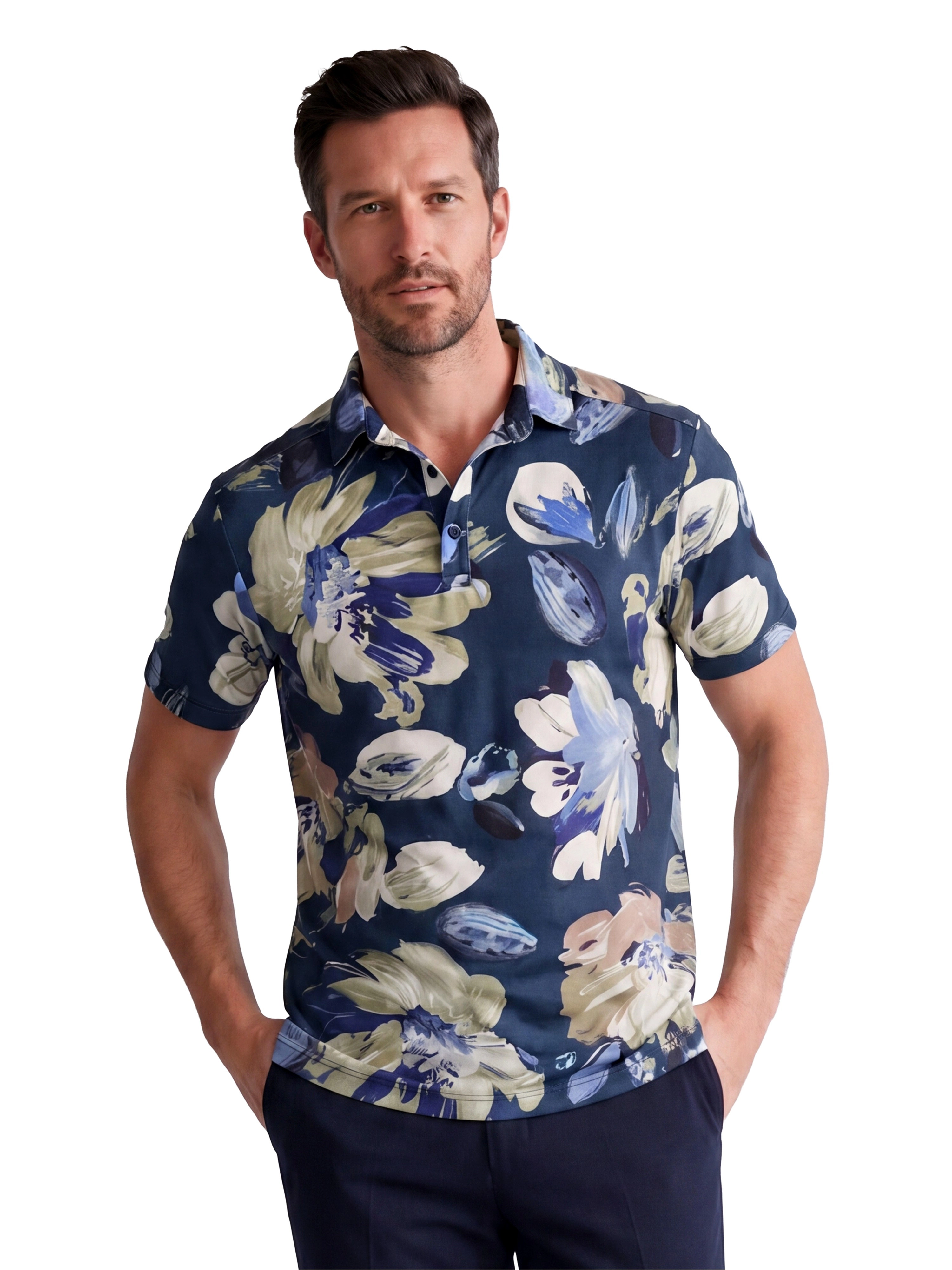24sevenMen Wrinkle Resistant 3 Button Machine Washable Blue Floral Polo Shirt