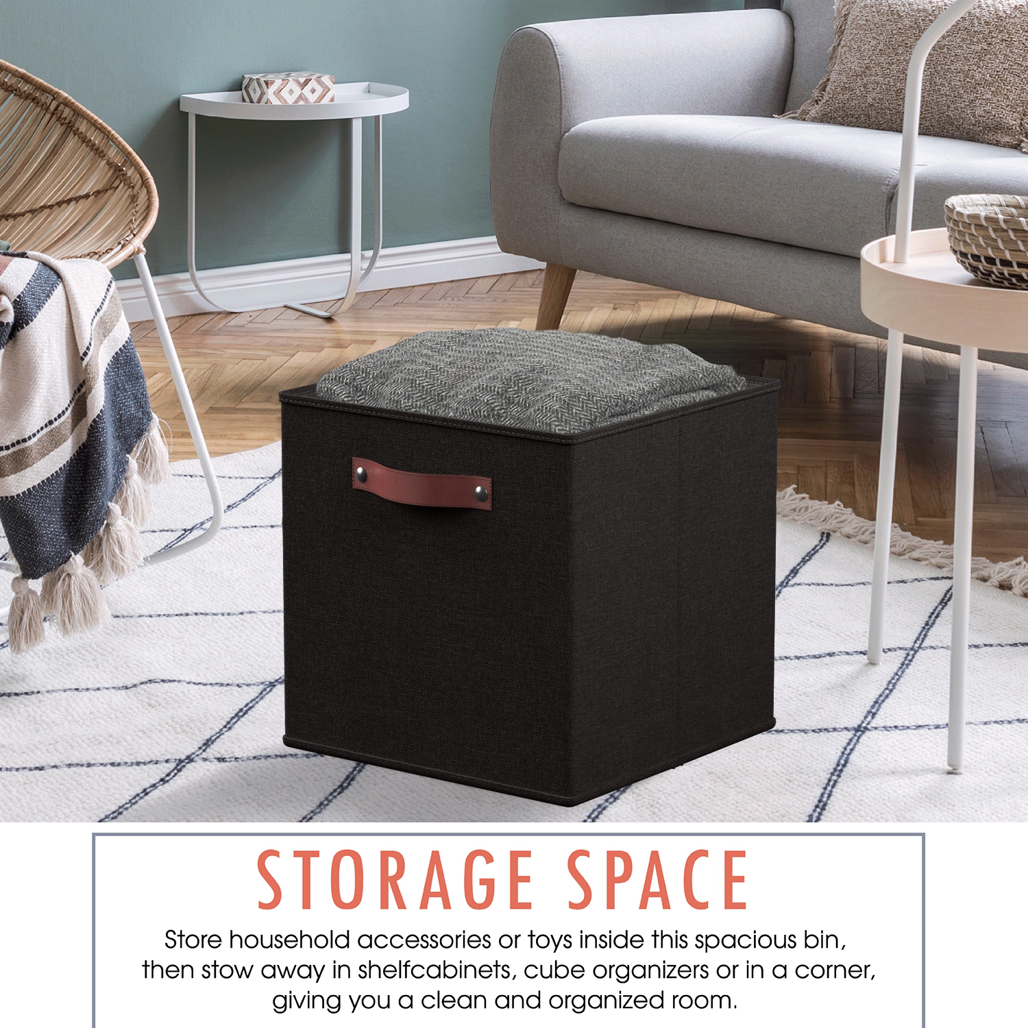 Ornavo Home 6 Pack Collapsible Linen Storage Cube Bin with Leather Handles - 11 Inch